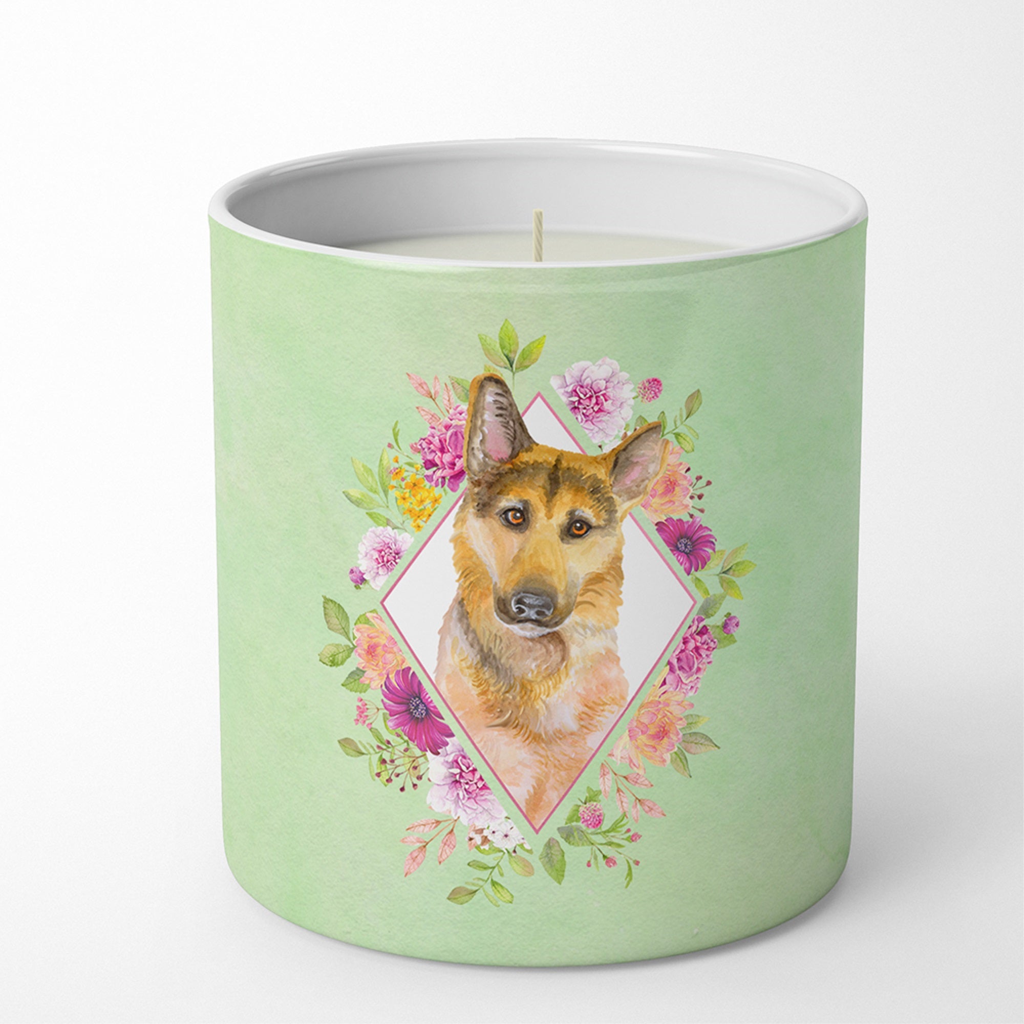 German Shepherd #2 Green Flowers 10 Oz Decorative Soy Candle