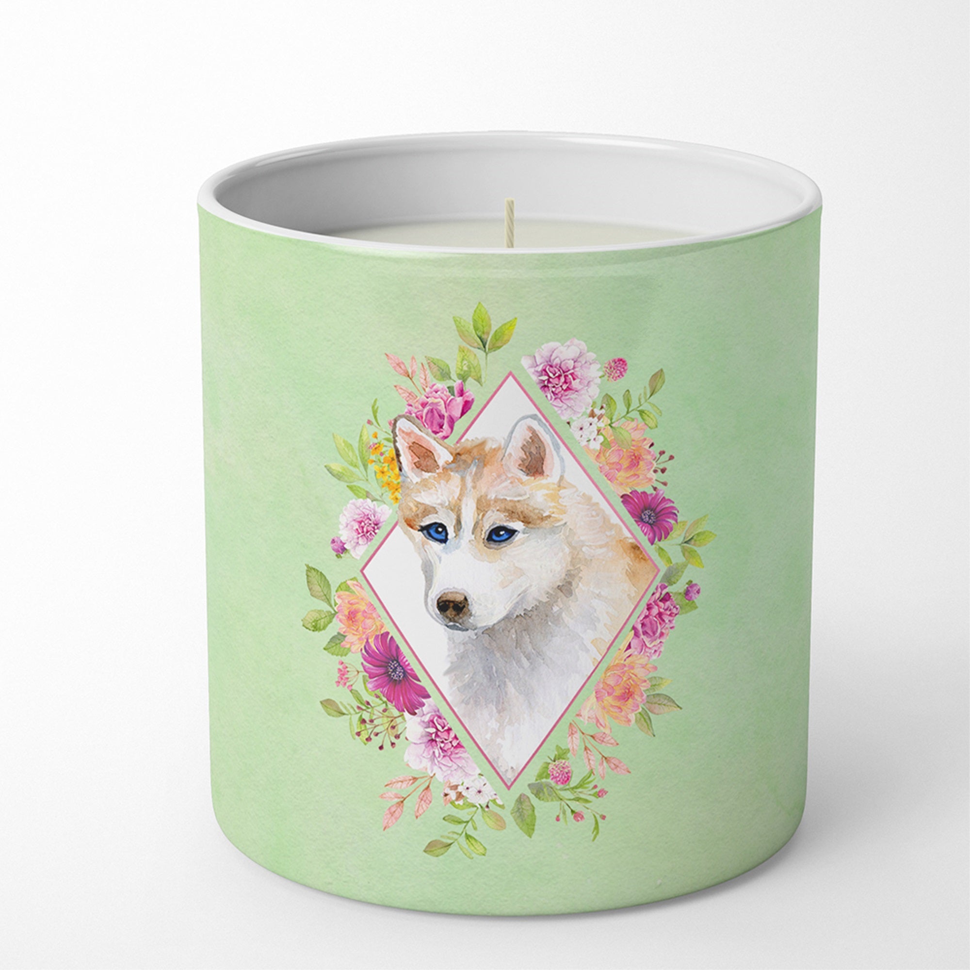 Red Siberian Husky Green Flowers 10 Oz Decorative Soy Candle