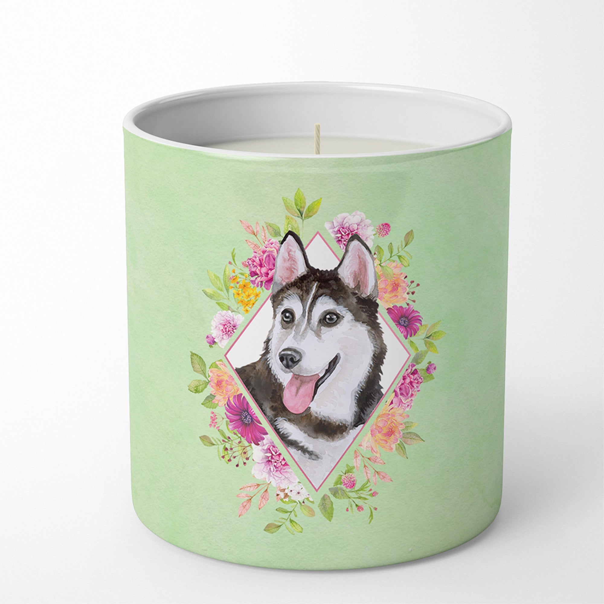 Siberian Husky #1 Green Flowers 10 Oz Decorative Soy Candle