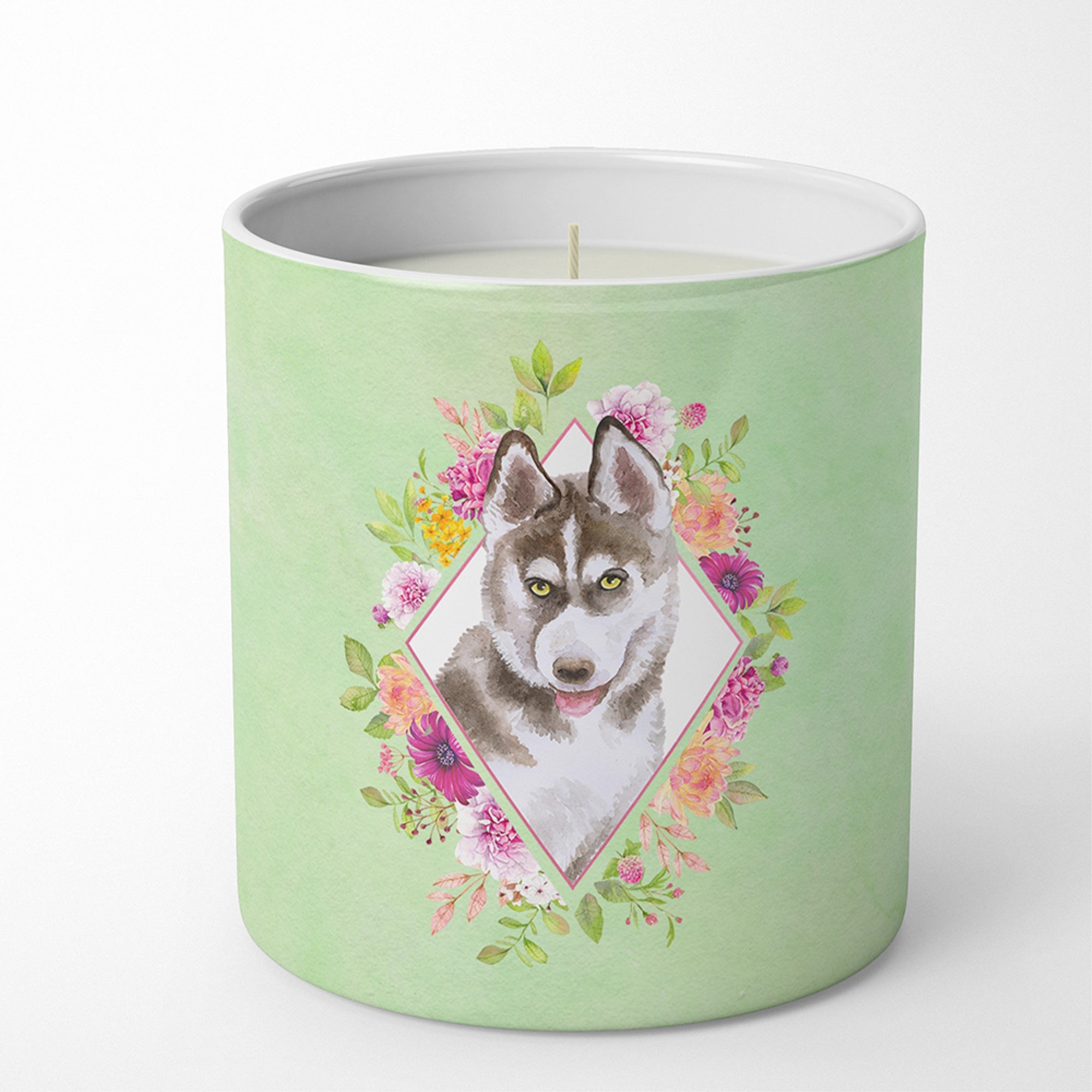 Siberian Husky #2 Green Flowers 10 Oz Decorative Soy Candle