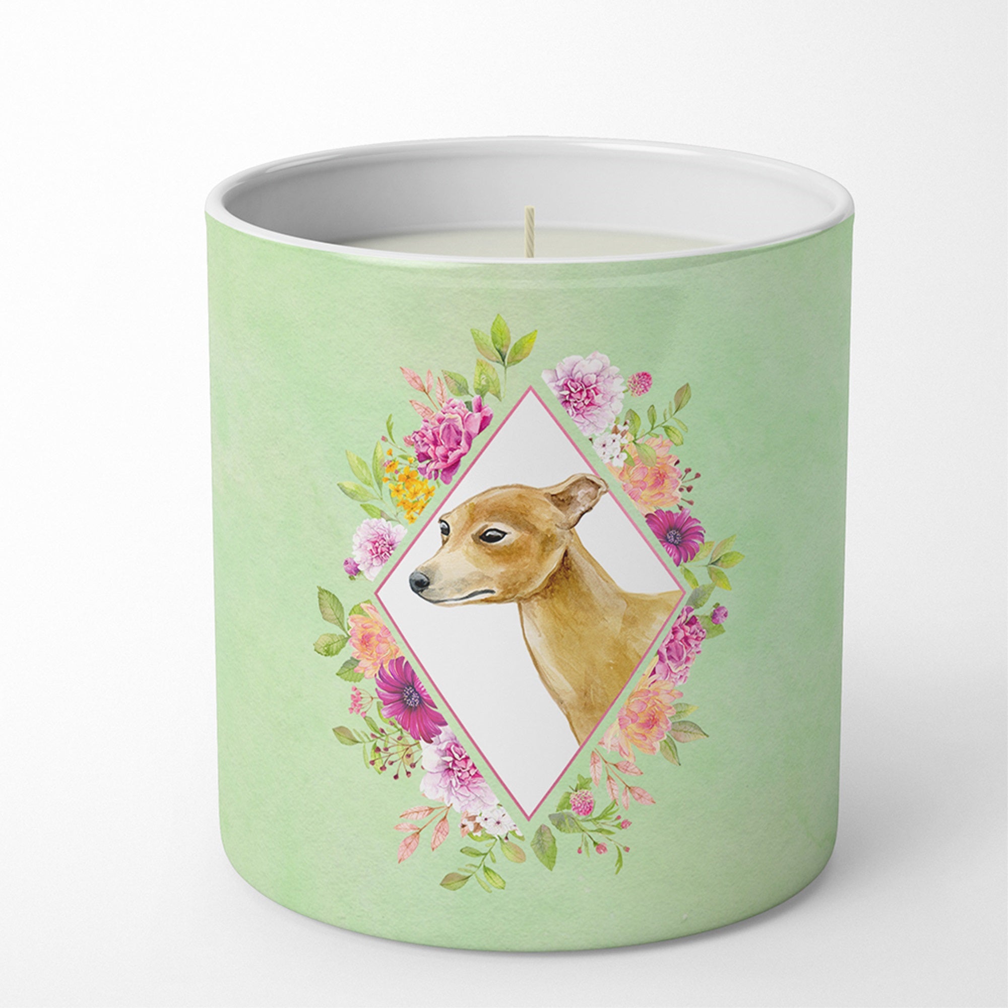 Italian Greyhound Green Flowers 10 Oz Decorative Soy Candle
