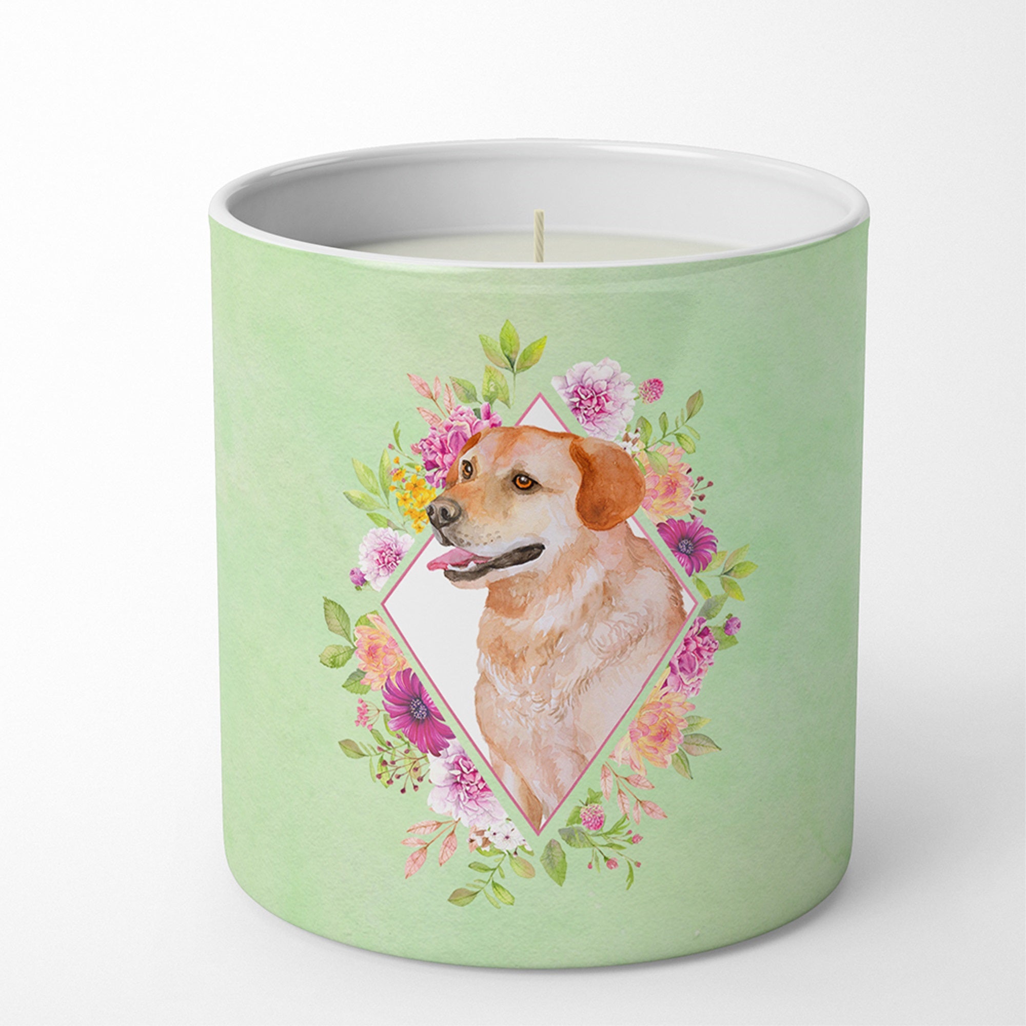 Yellow Labrador Retriever Green Flowers 10 Oz Decorative Soy Candle