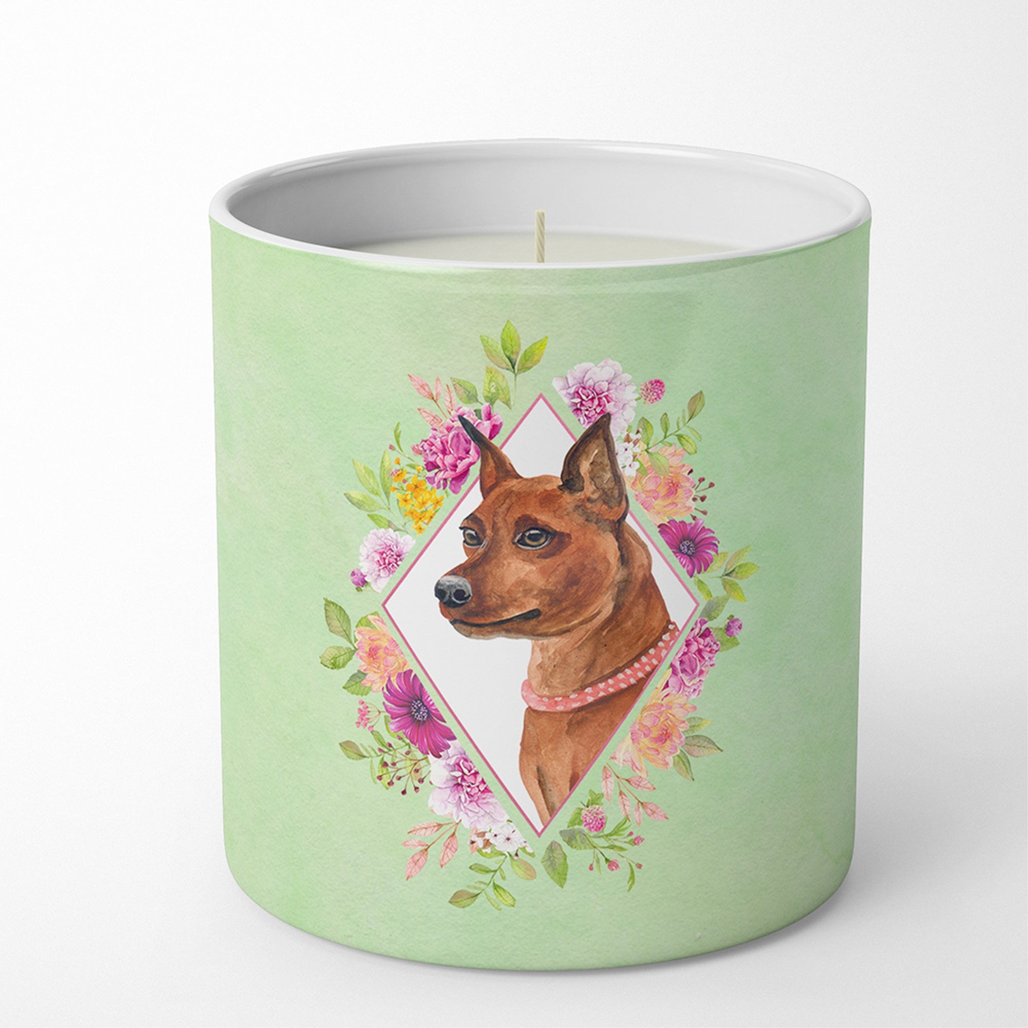 Miniature Pinscher Green Flowers 10 Oz Decorative Soy Candle