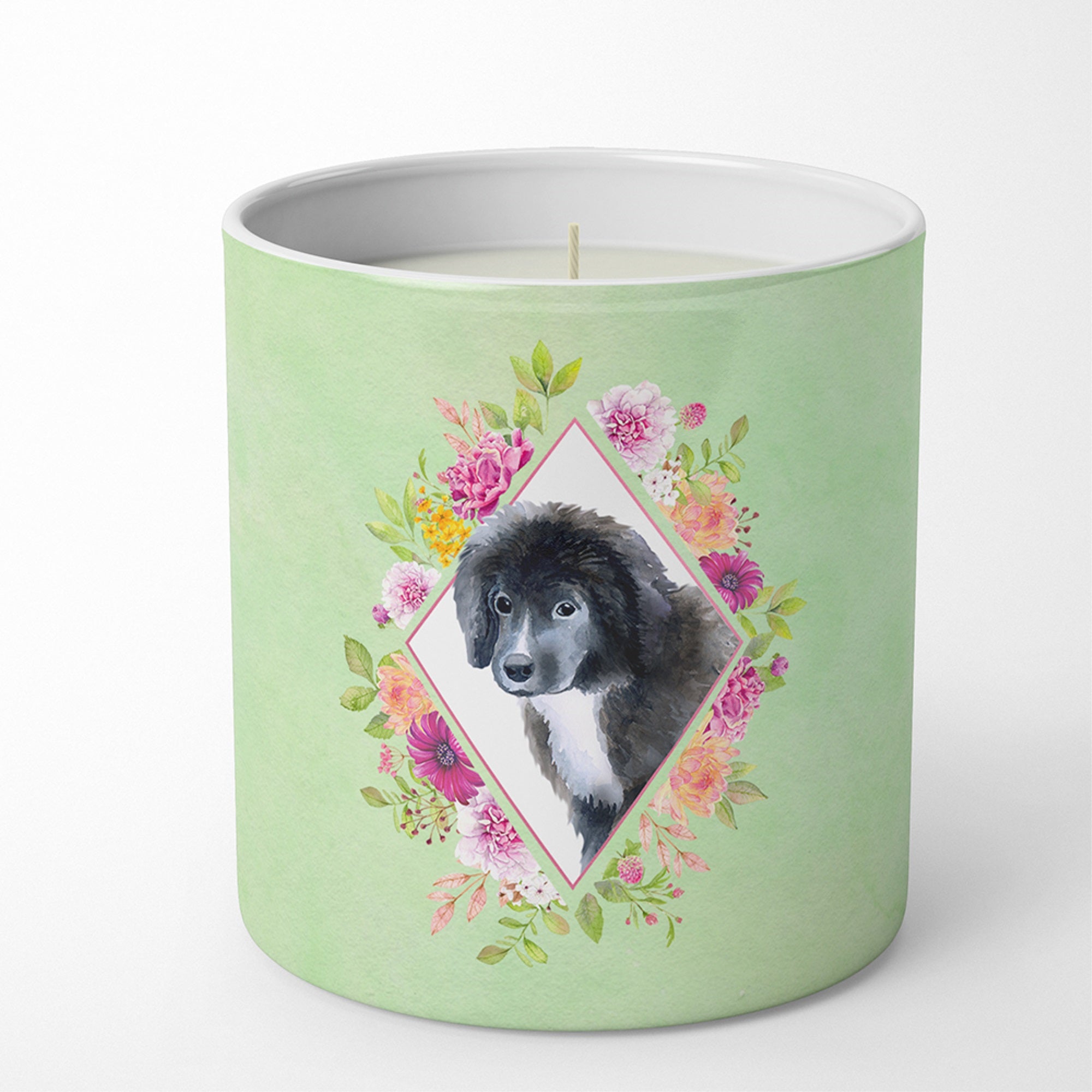 Newfoundland Puppy Green Flowers 10 Oz Decorative Soy Candle