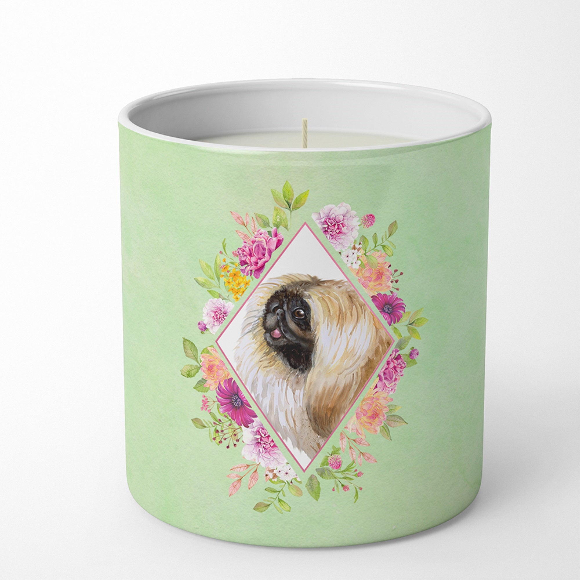 Pekingese Green Flowers 10 Oz Decorative Soy Candle