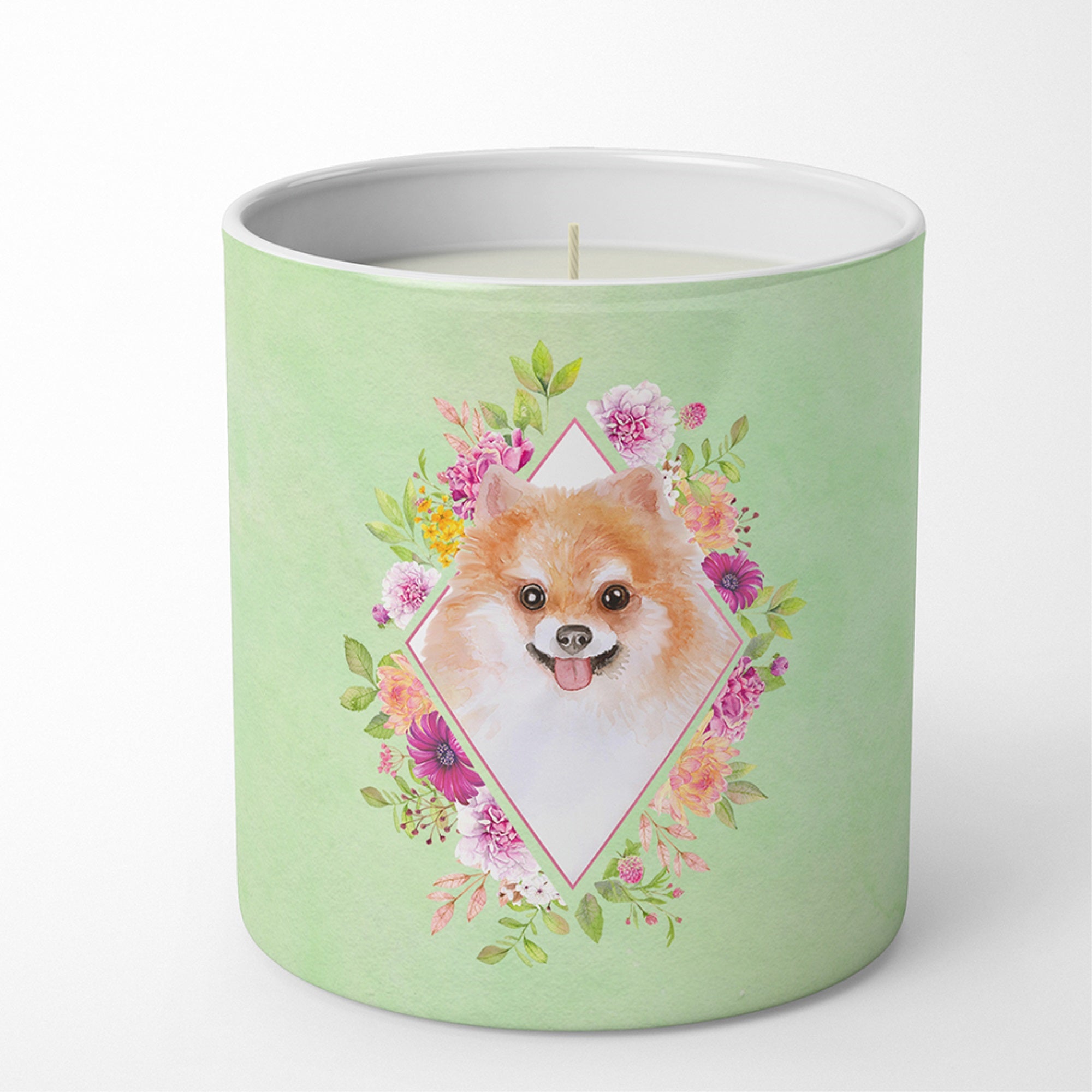 Pomeranian #1 Green Flowers 10 Oz Decorative Soy Candle