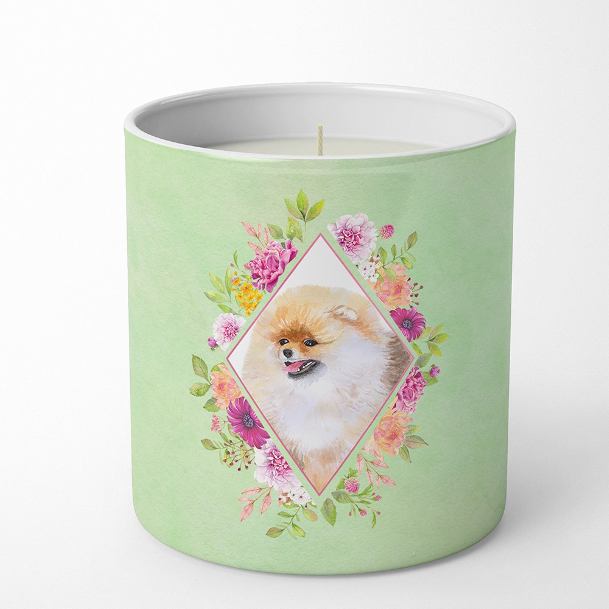Pomeranian #2 Green Flowers 10 Oz Decorative Soy Candle