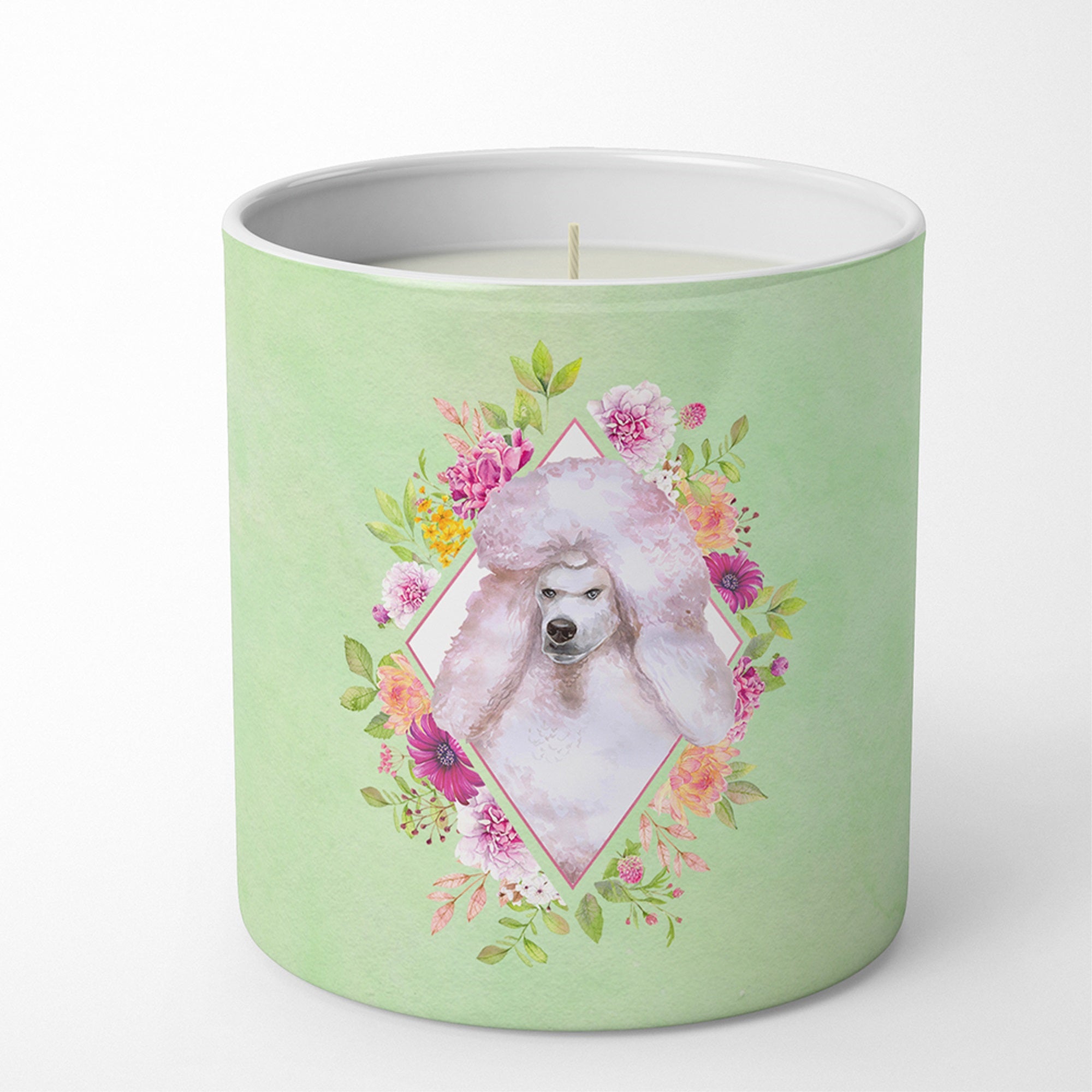 Standard White Poodle Green Flowers 10 Oz Decorative Soy Candle