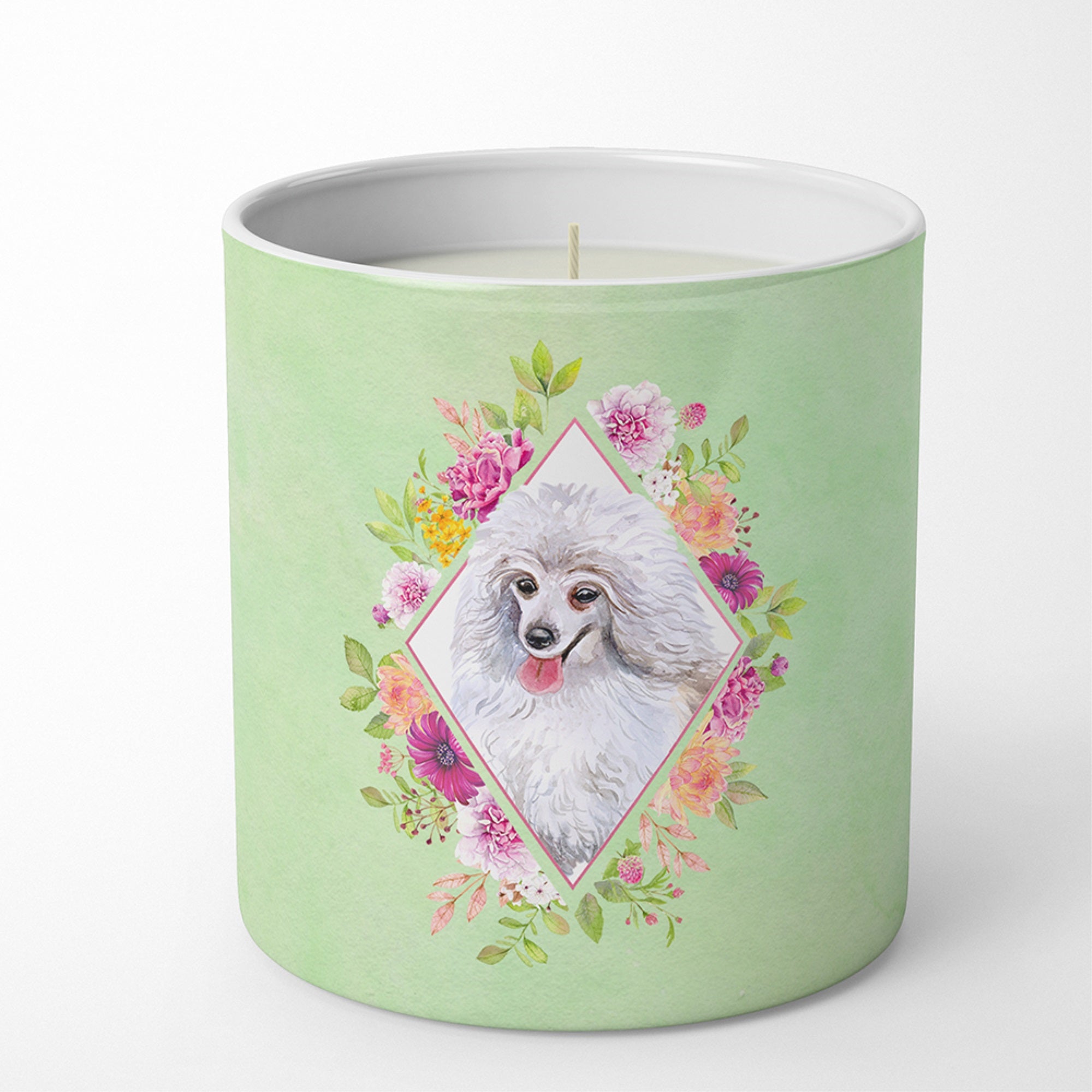 White Mini Poodle Green Flowers 10 Oz Decorative Soy Candle