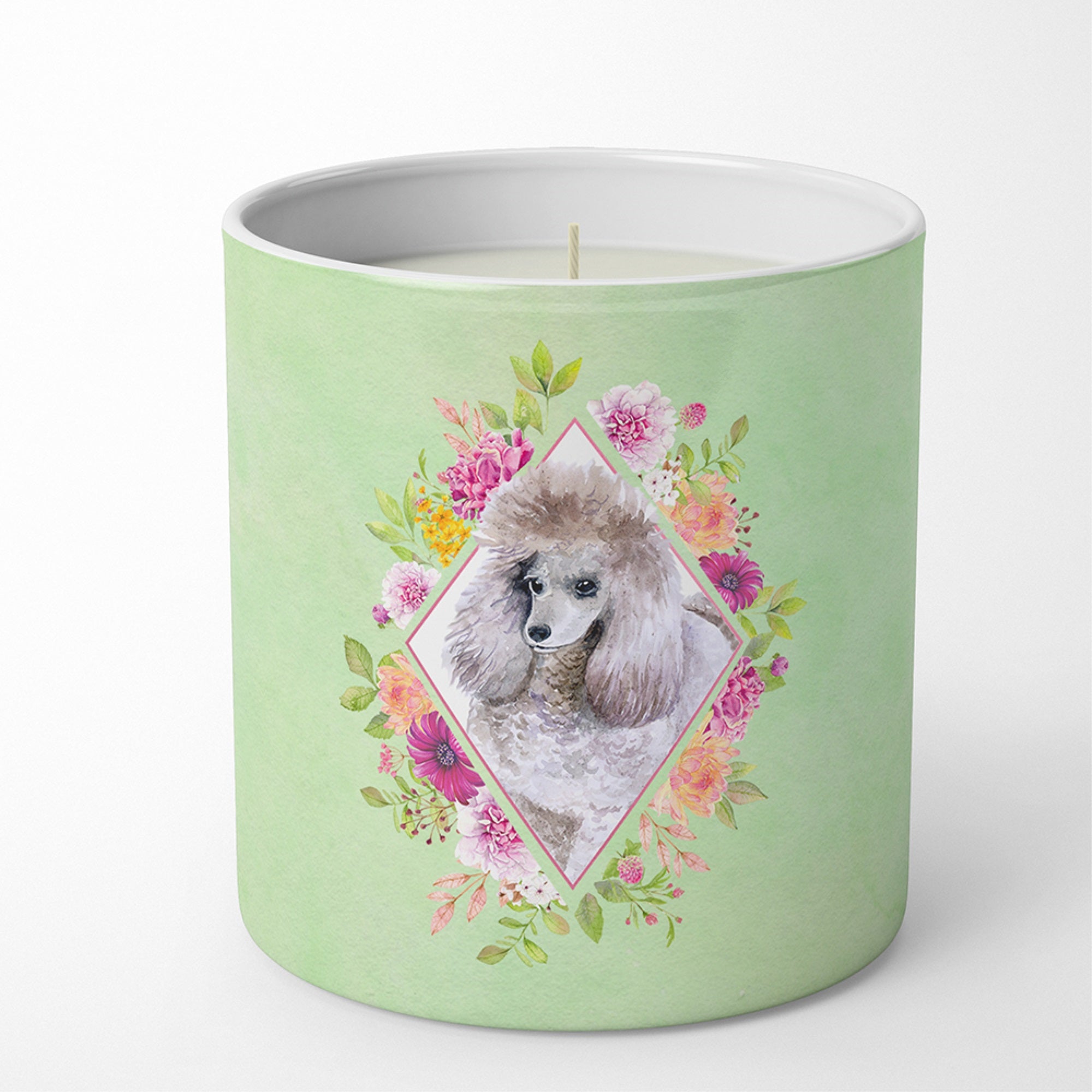 Standard Grey Poodle Green Flowers 10 Oz Decorative Soy Candle