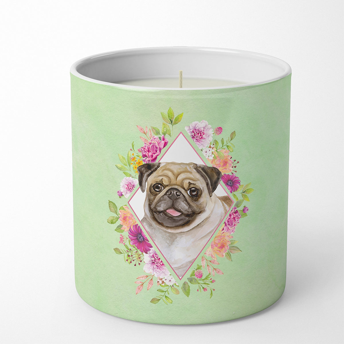 Fawn Pug Green Flowers 10 Oz Decorative Soy Candle