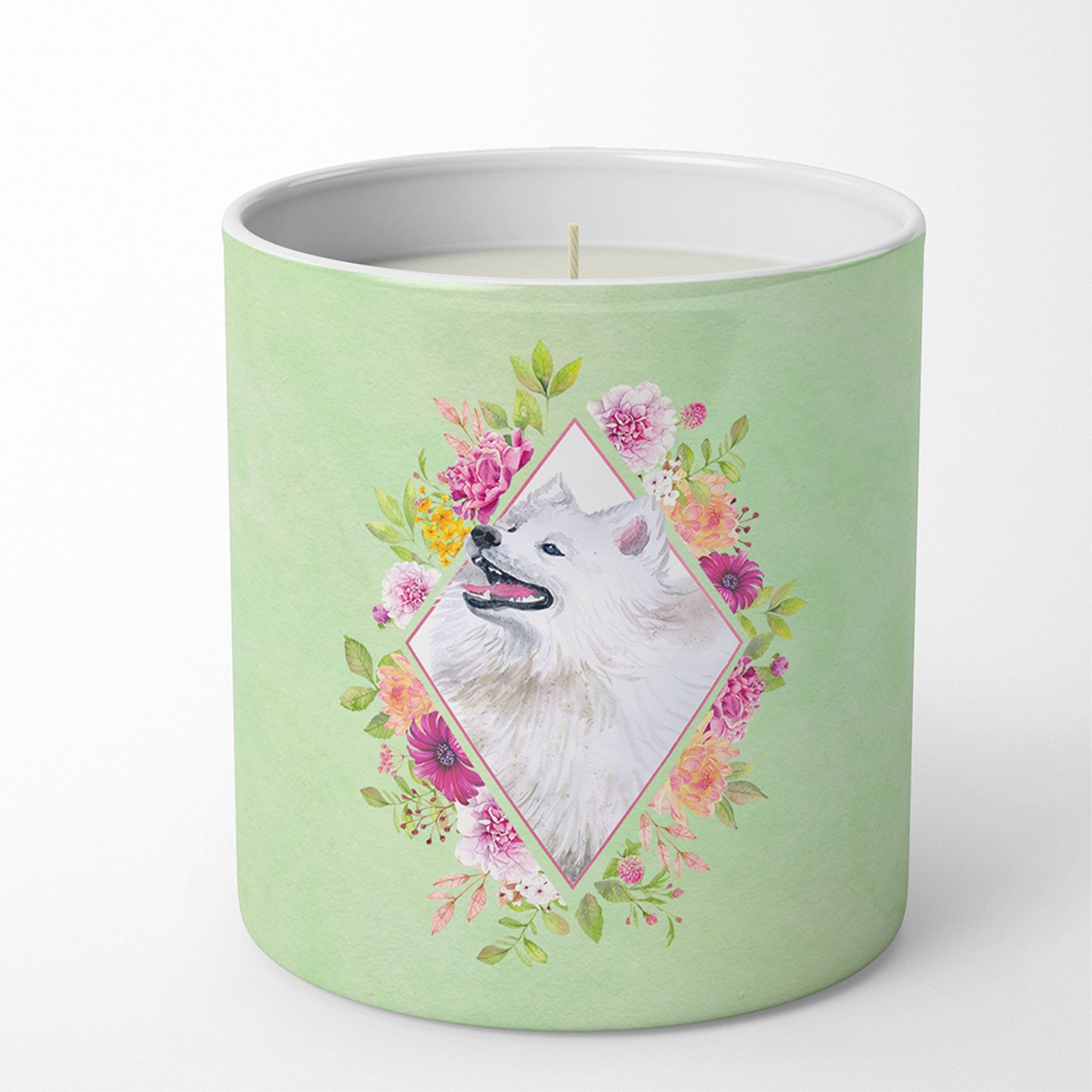 Samoyed Green Flowers 10 Oz Decorative Soy Candle