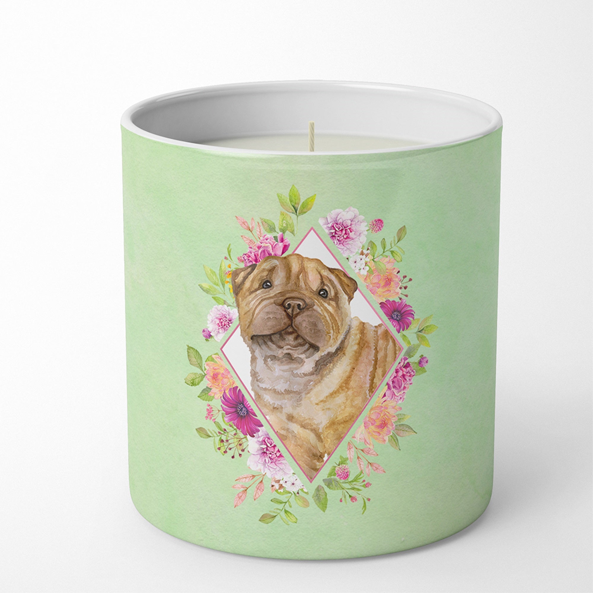Shar Pei Green Flowers 10 Oz Decorative Soy Candle