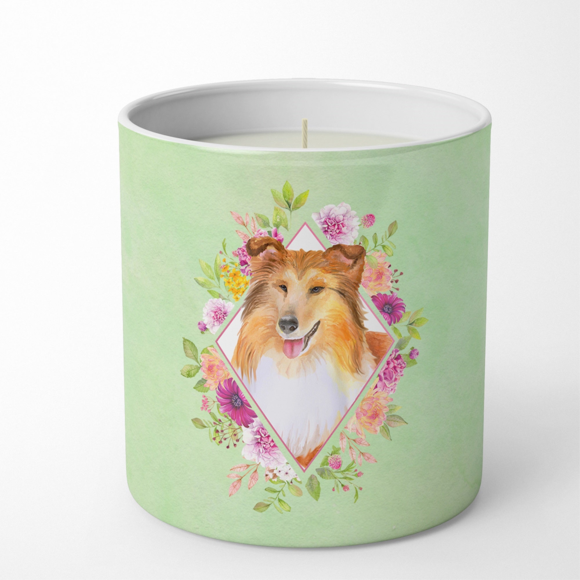 Sheltie Shetland Sheepdog Green Flowers 10 Oz Decorative Soy Candle