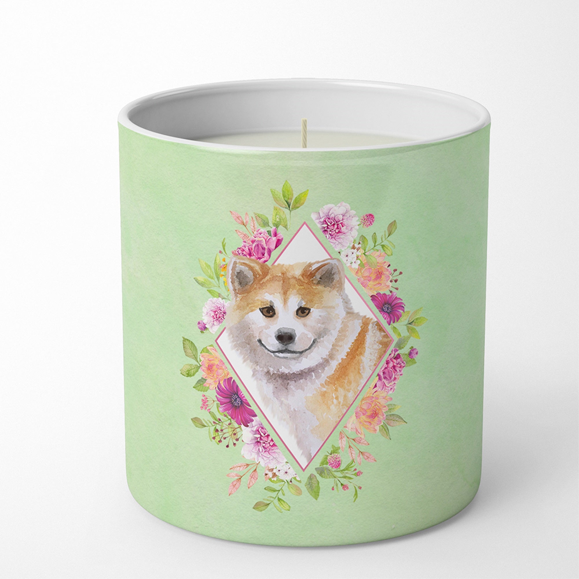 Shiba Inu Green Flowers 10 Oz Decorative Soy Candle