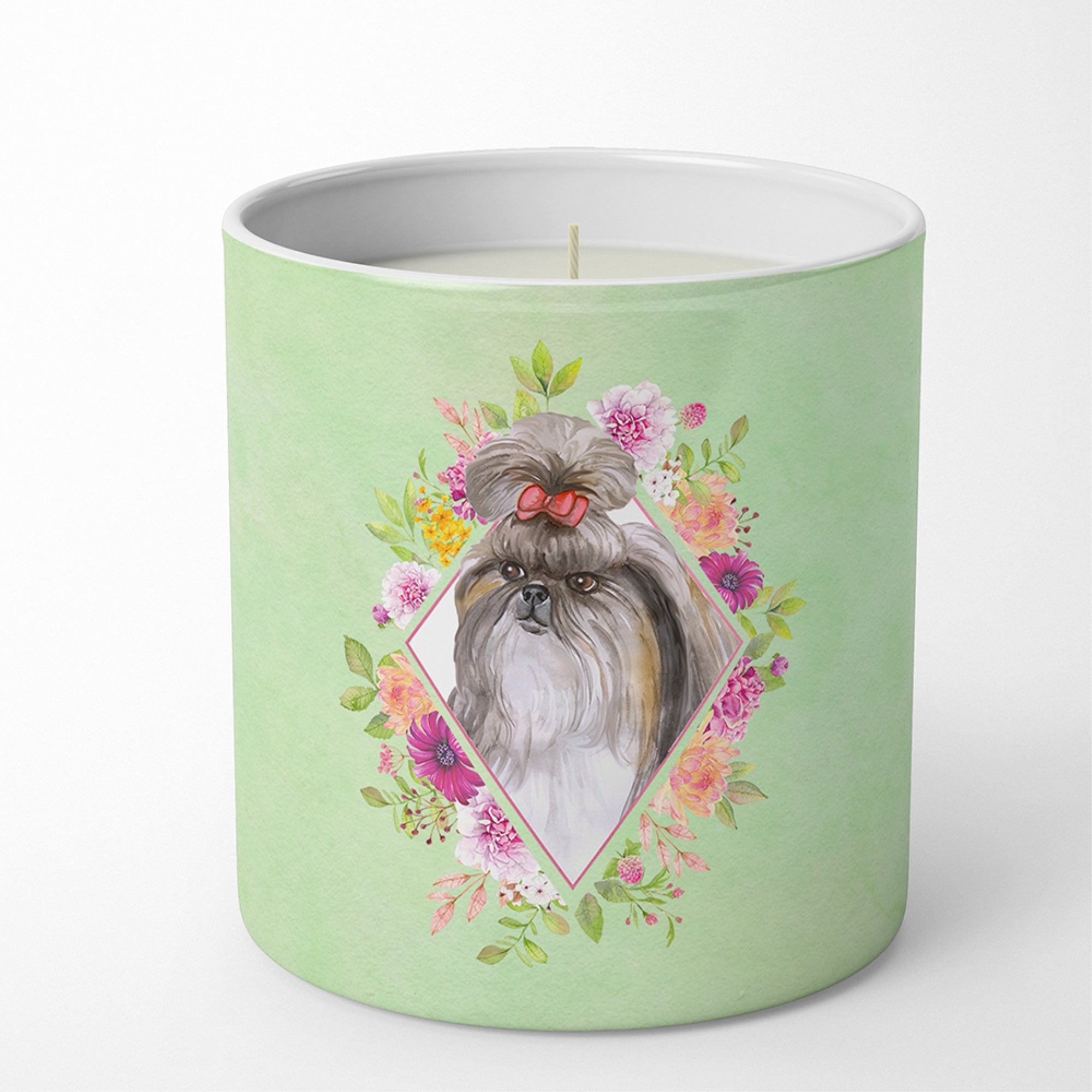 Shih Tzu Green Flowers 10 Oz Decorative Soy Candle