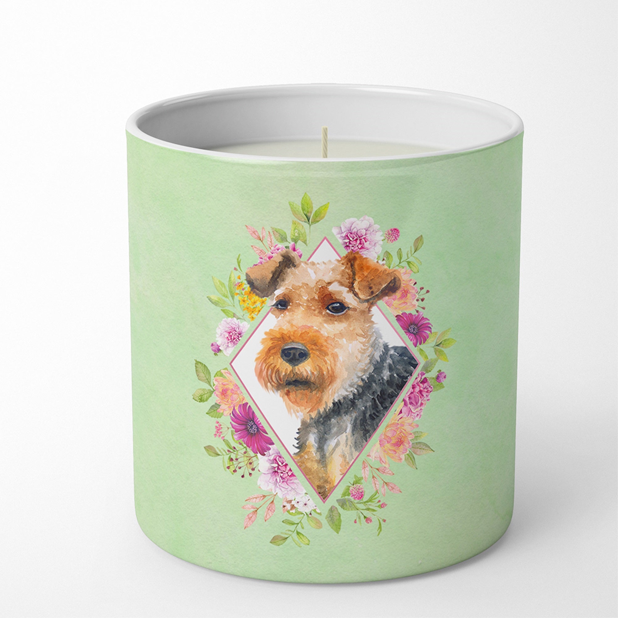 Welsh Terrier Green Flowers 10 Oz Decorative Soy Candle
