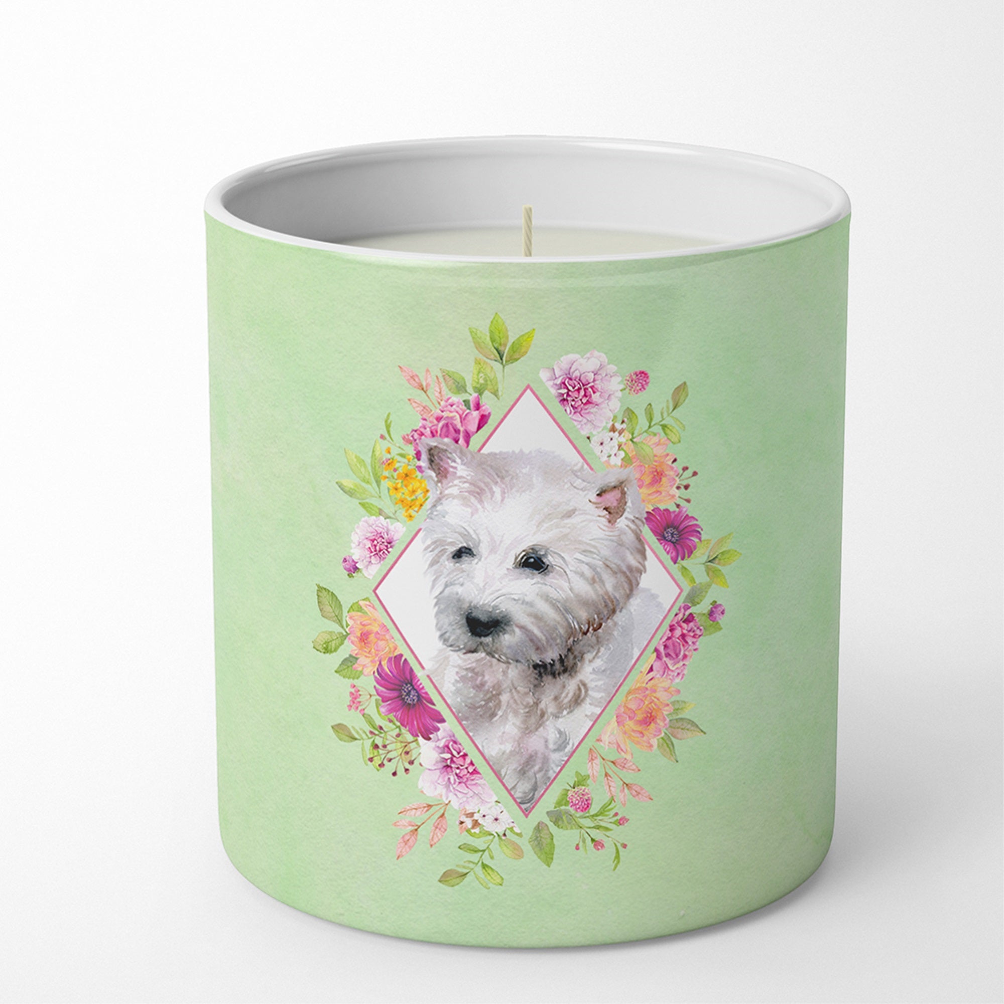 West Highland White Terrier Green Flowers 10 Oz Decorative Soy Candle