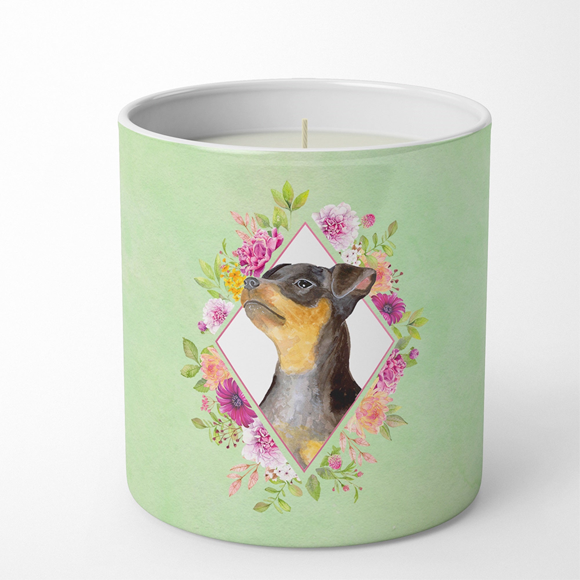 Black Miniature Pinscher Green Flowers 10 Oz Decorative Soy Candle