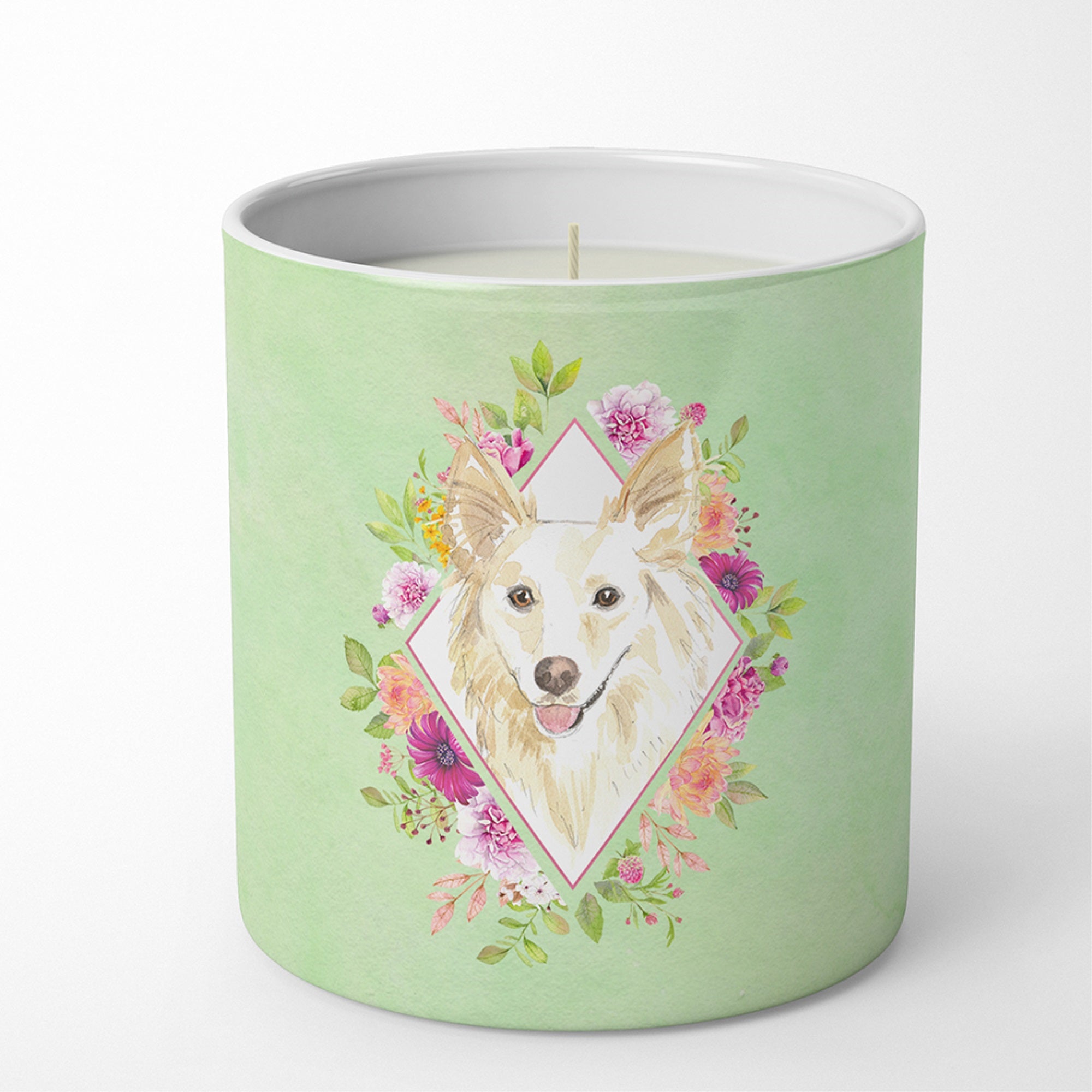White Collie Green Flowers 10 Oz Decorative Soy Candle