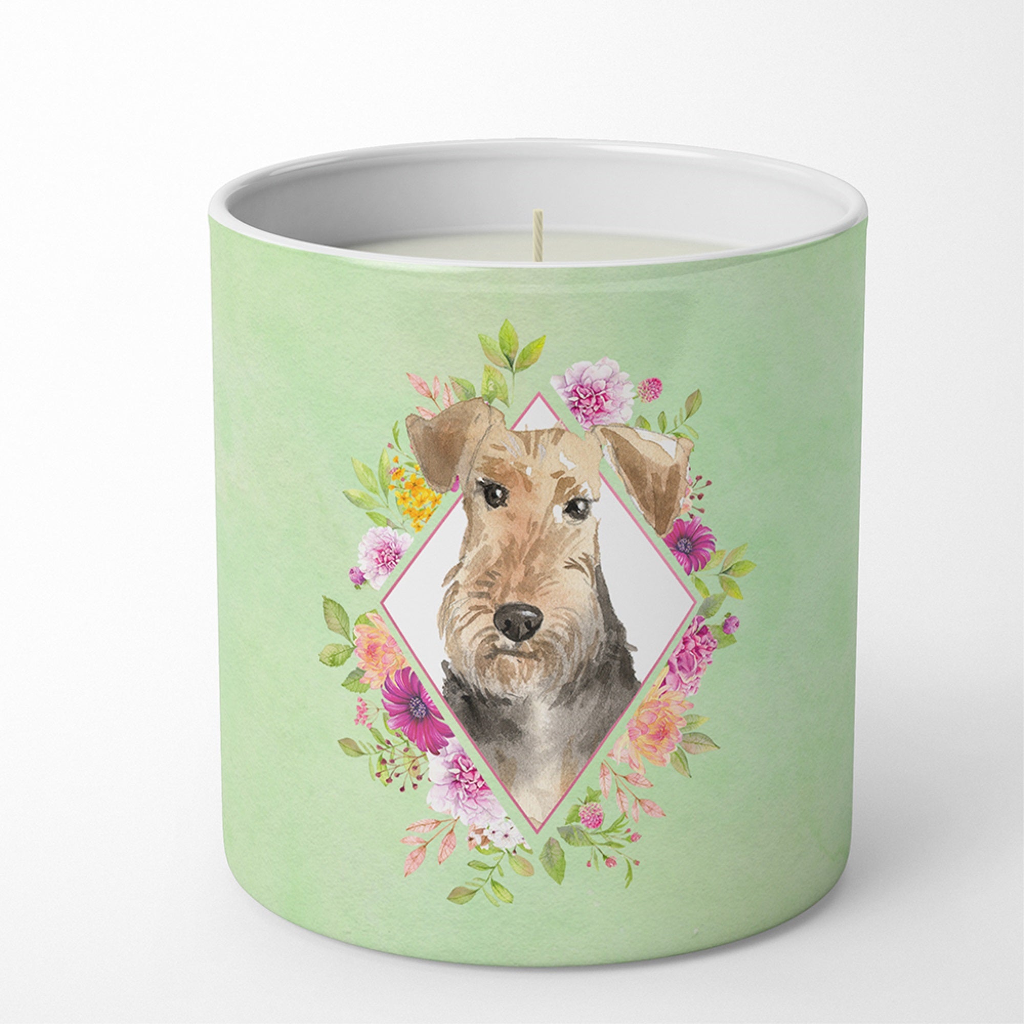 Airedale Terrier Green Flowers 10 Oz Decorative Soy Candle