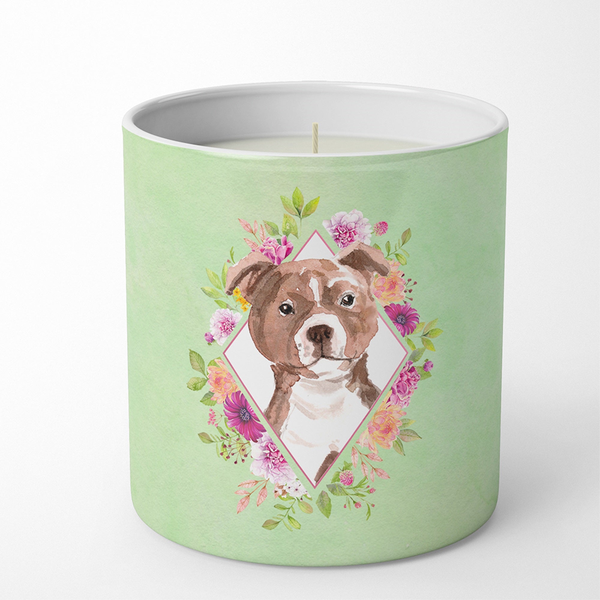 Staffie Bull Terrier Green Flowers 10 Oz Decorative Soy Candle
