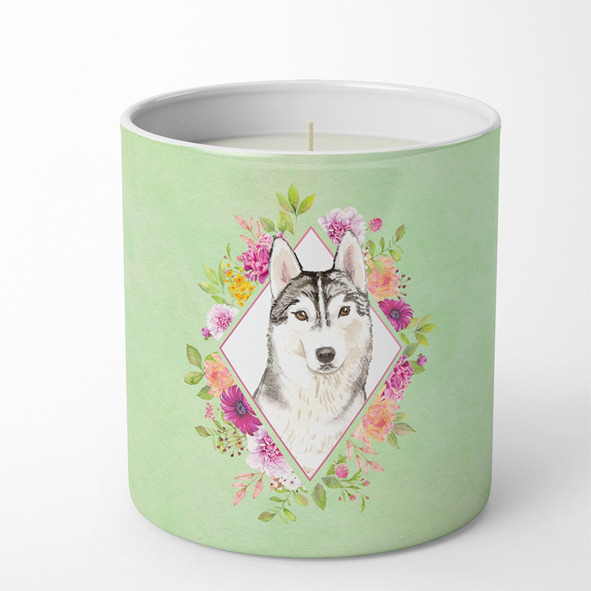 Siberian Husky Green Flowers 10 Oz Decorative Soy Candle