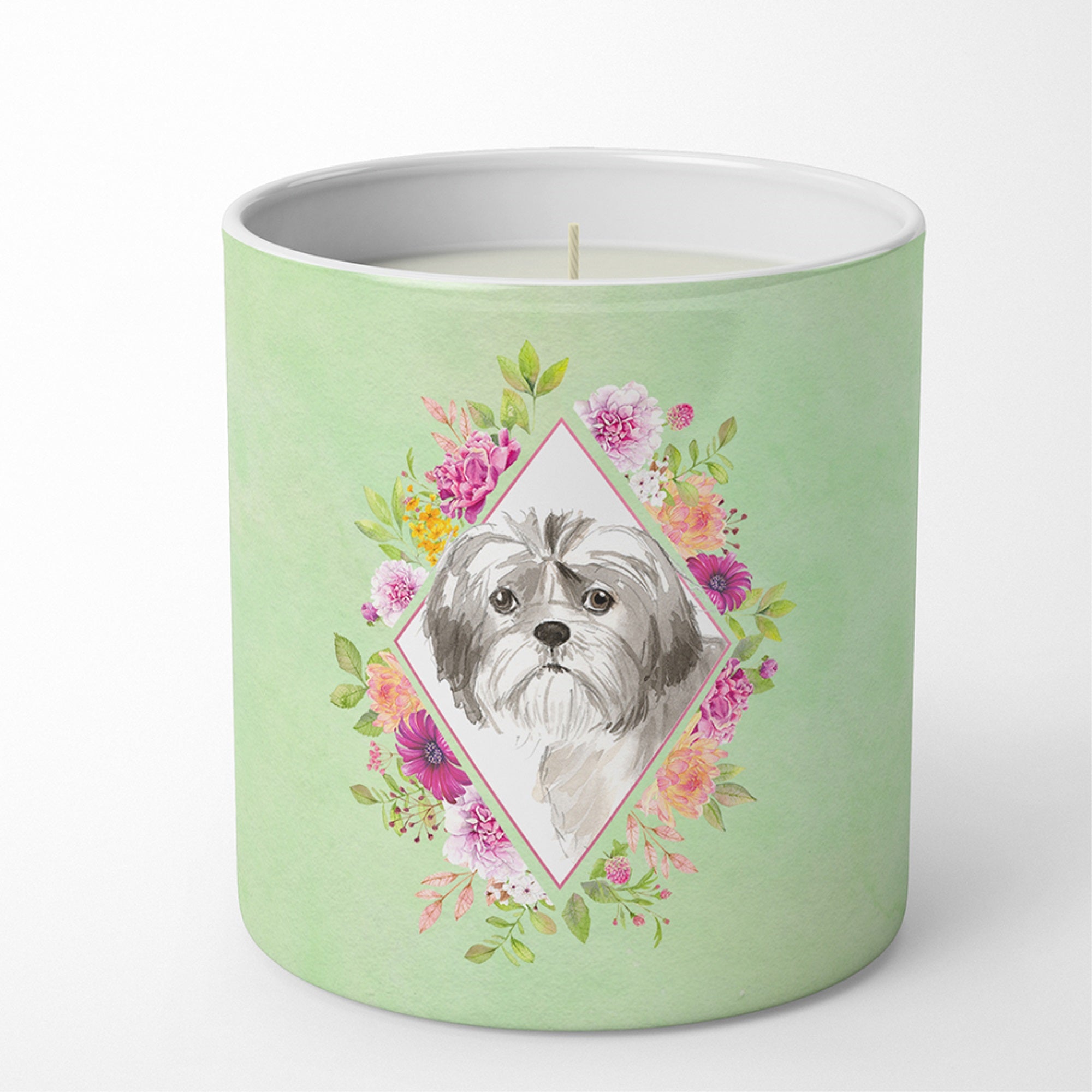Shih Tzu Puppy Green Flowers 10 Oz Decorative Soy Candle