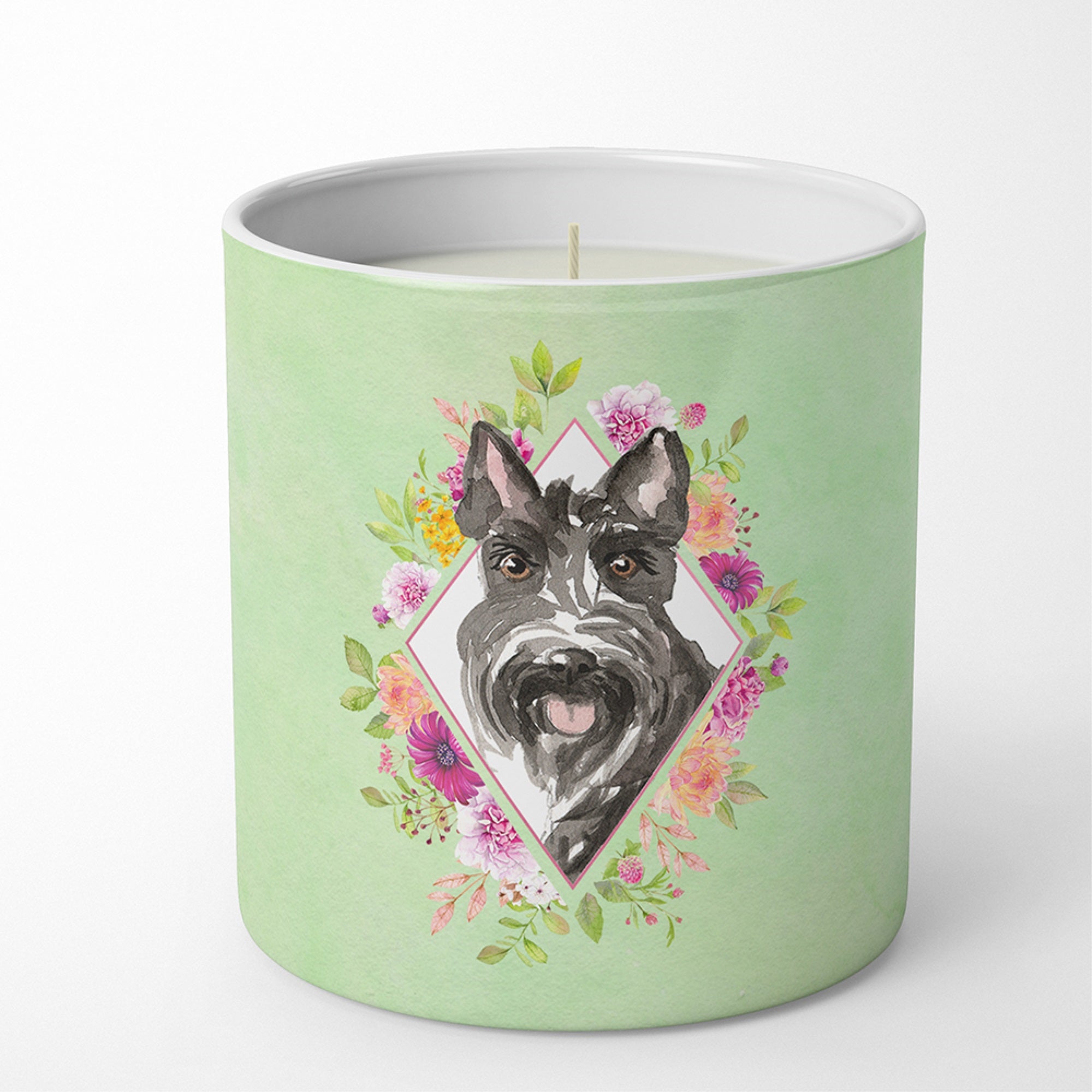 Scottish Terrier Green Flowers 10 Oz Decorative Soy Candle
