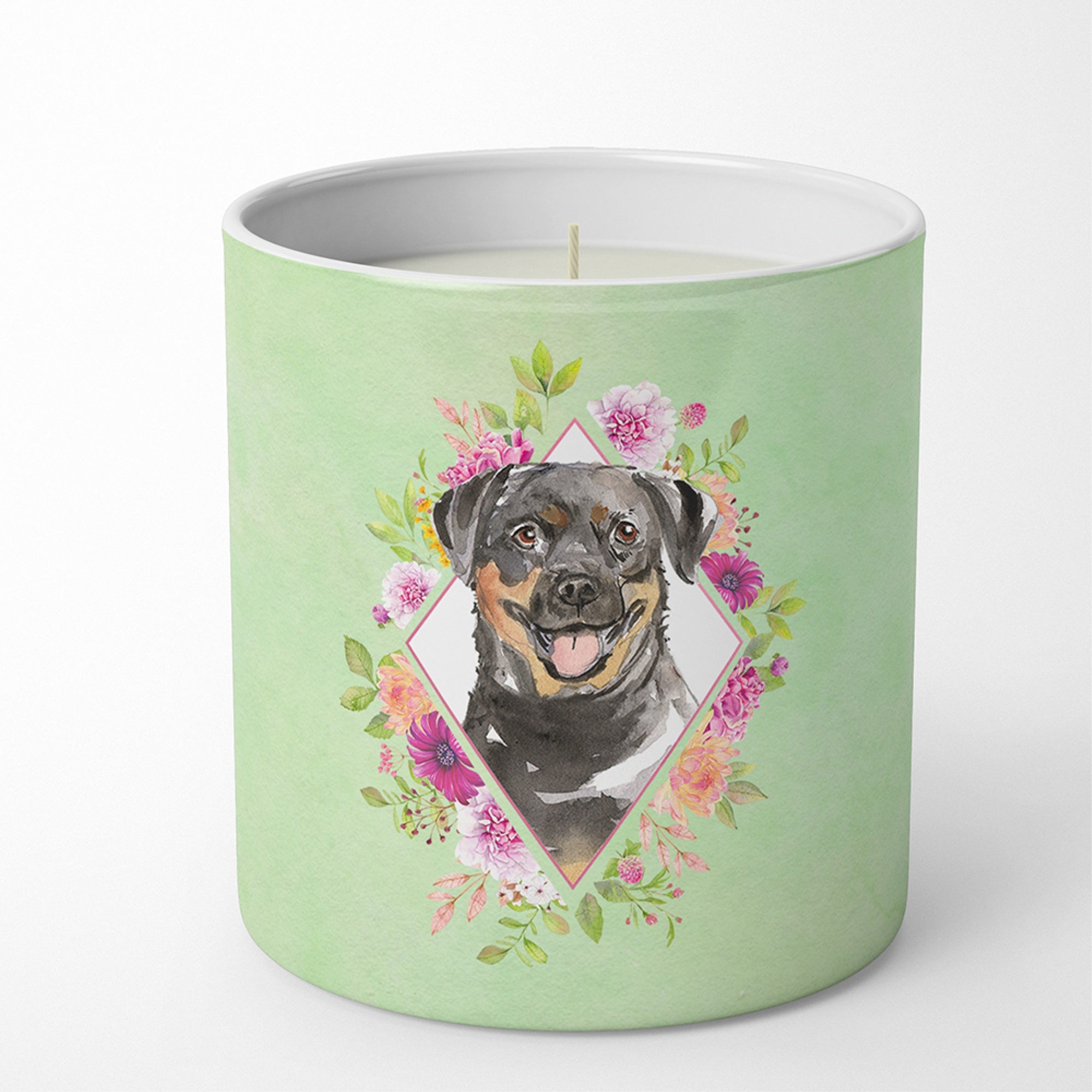Rottweiler Green Flowers 10 Oz Decorative Soy Candle