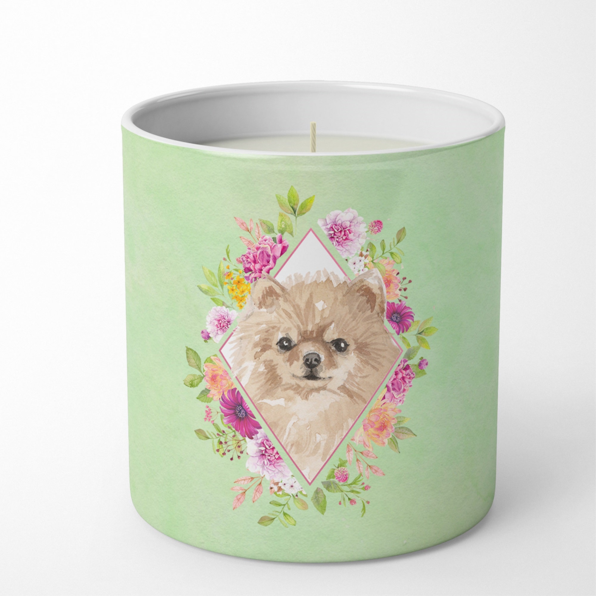 Pomeranian Green Flowers 10 Oz Decorative Soy Candle