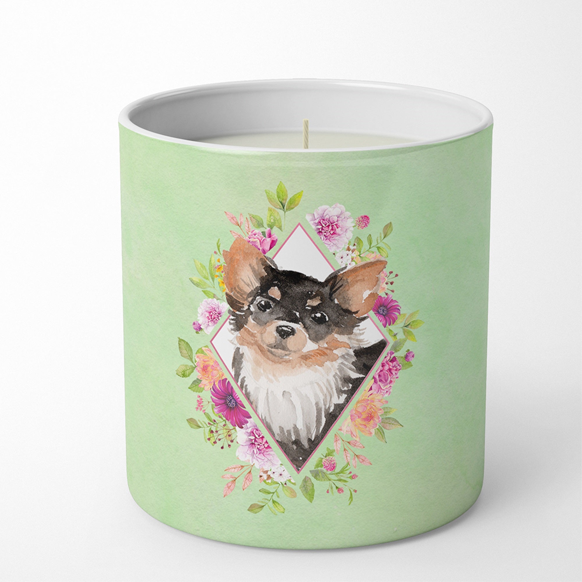 Longhaired Chihuahua Green Flowers 10 Oz Decorative Soy Candle