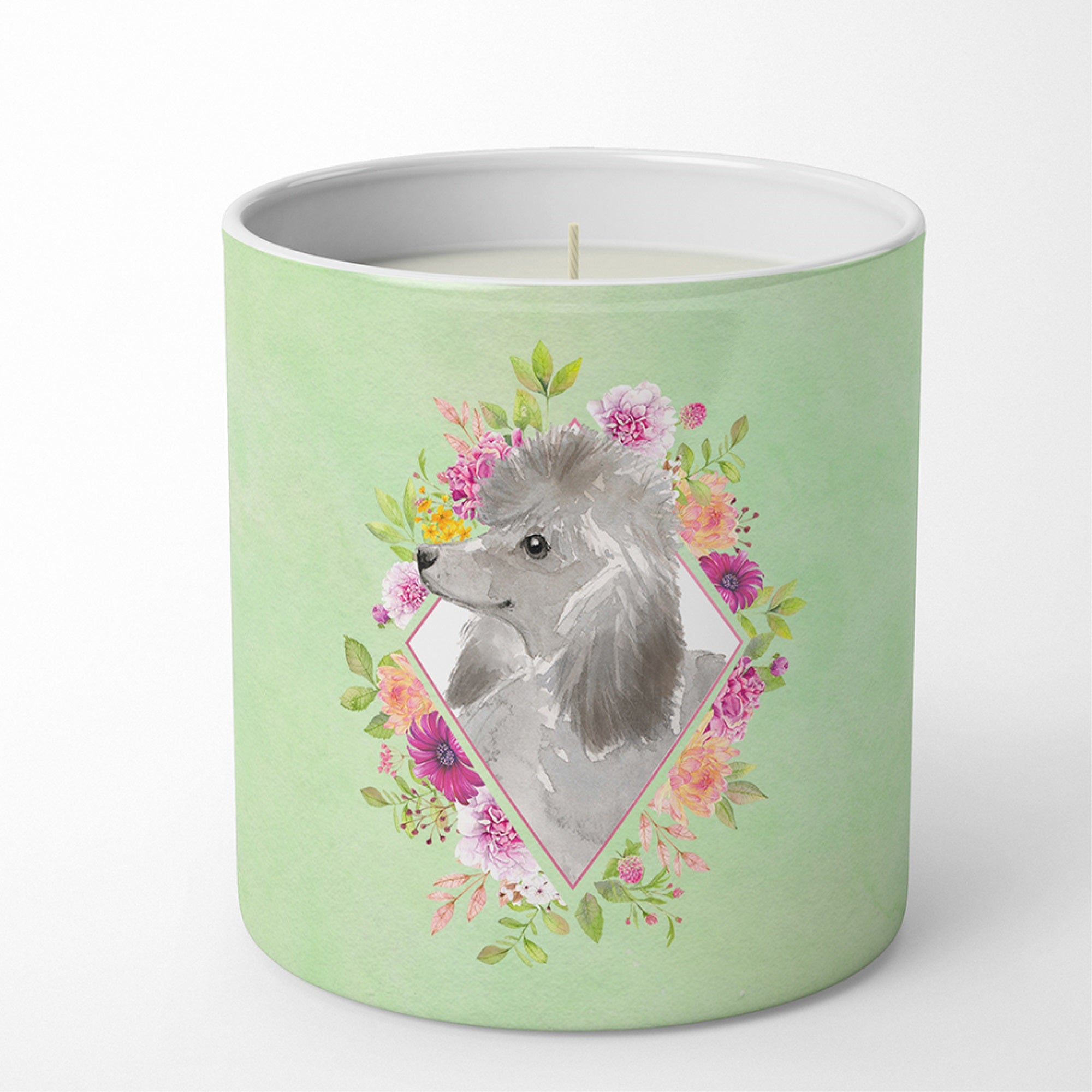 Grey Standard Poodle Green Flowers 10 Oz Decorative Soy Candle