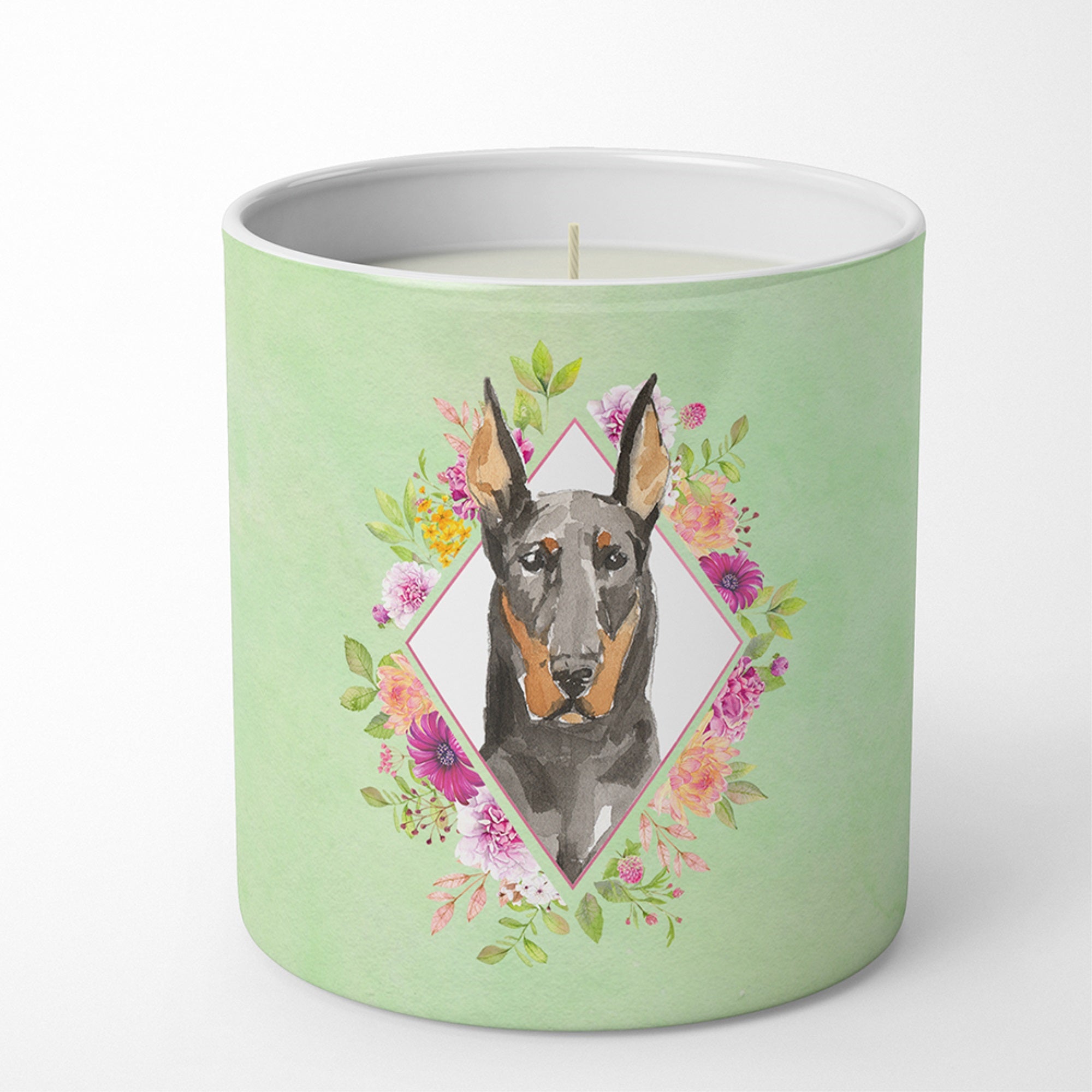 Doberman Pinsher Green Flowers 10 Oz Decorative Soy Candle