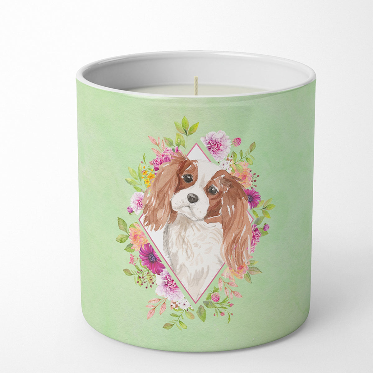 Blenheim Cavalier Spaniel Green Flowers 10 Oz Decorative Soy Candle