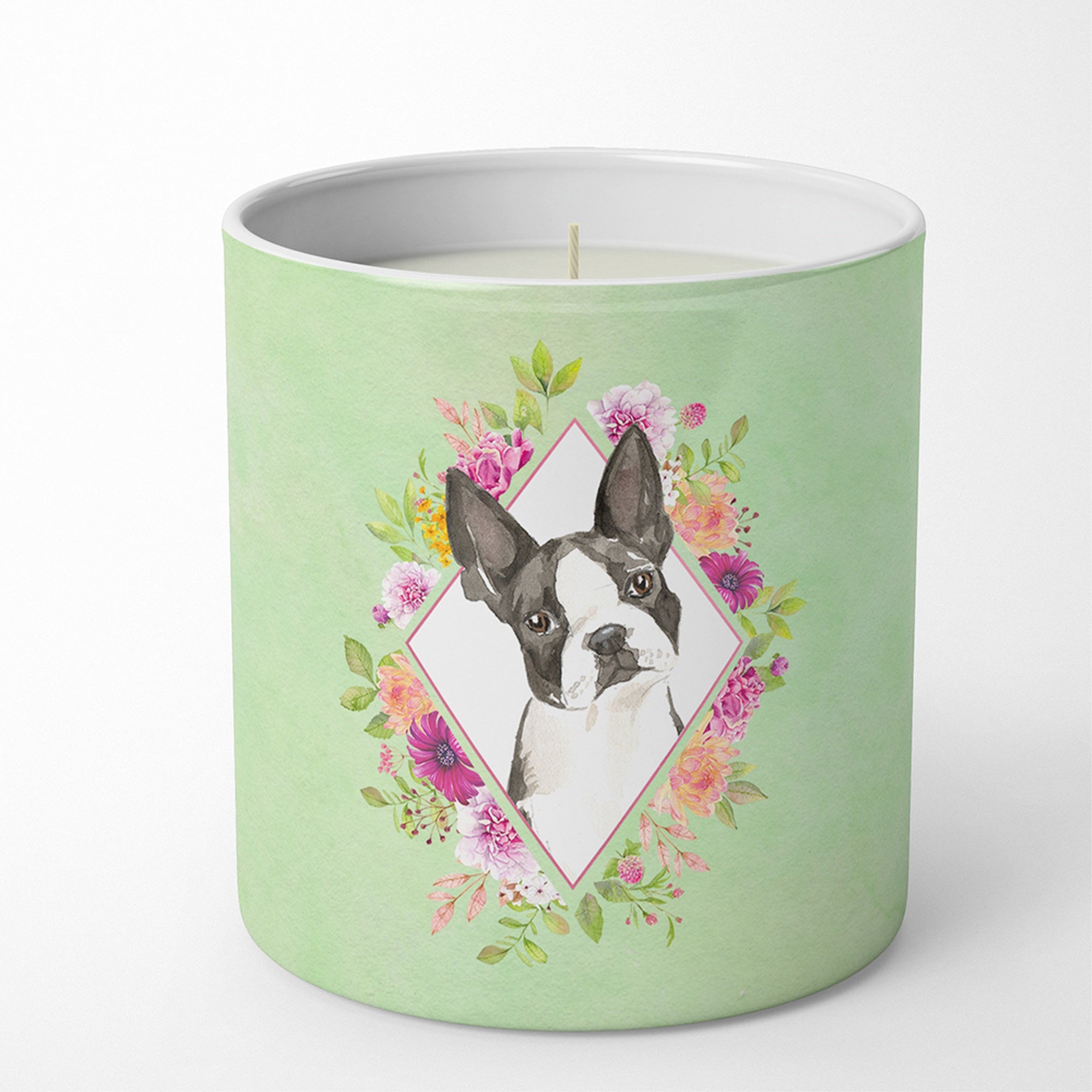 Boston Terrier Green Flowers 10 Oz Decorative Soy Candle