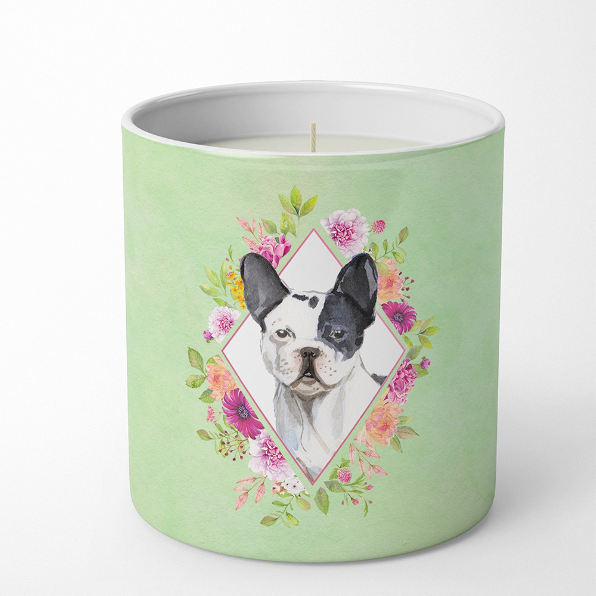 Black And White Frenchie Green Flowers 10 Oz Decorative Soy Candle