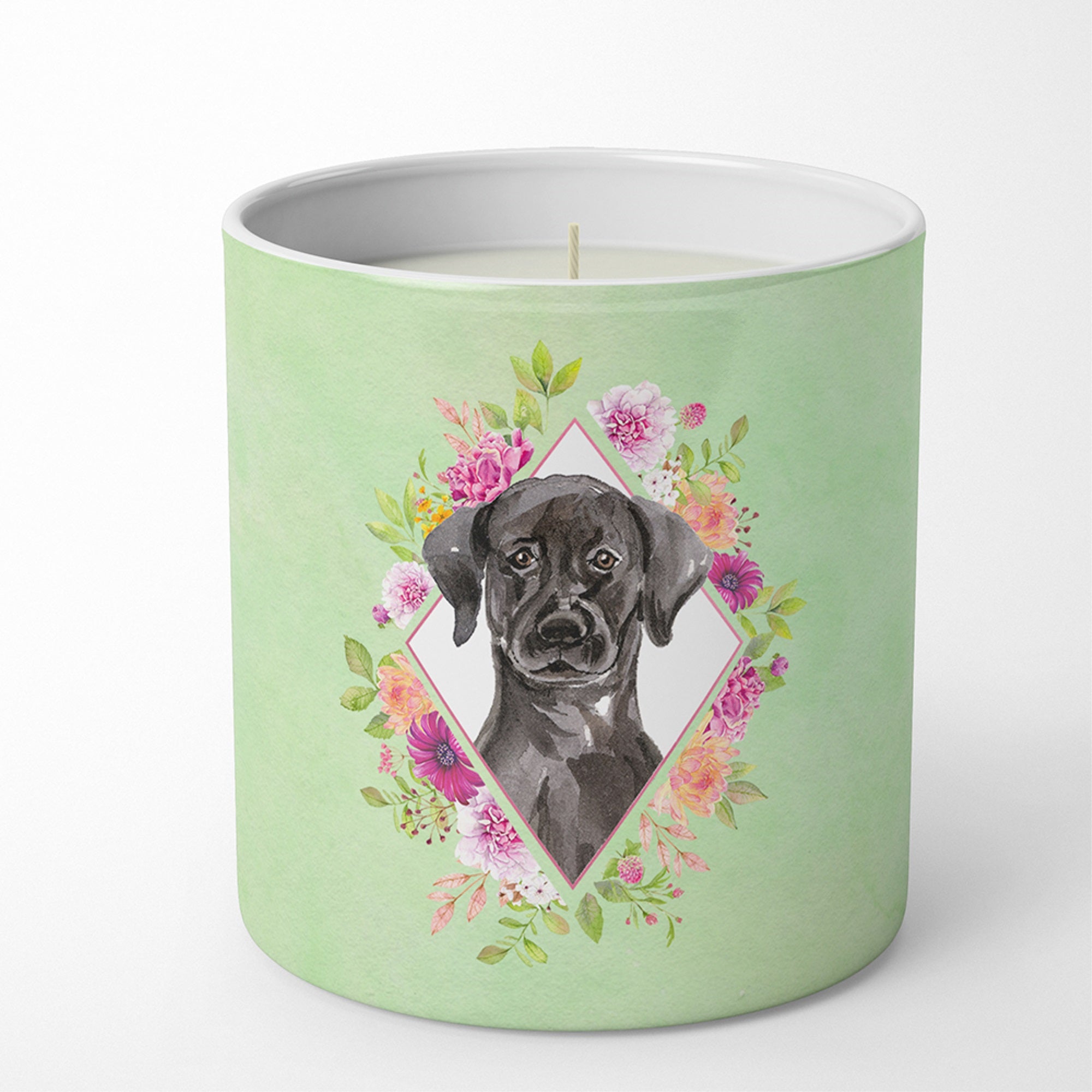 Black Labrador Green Flowers 10 Oz Decorative Soy Candle