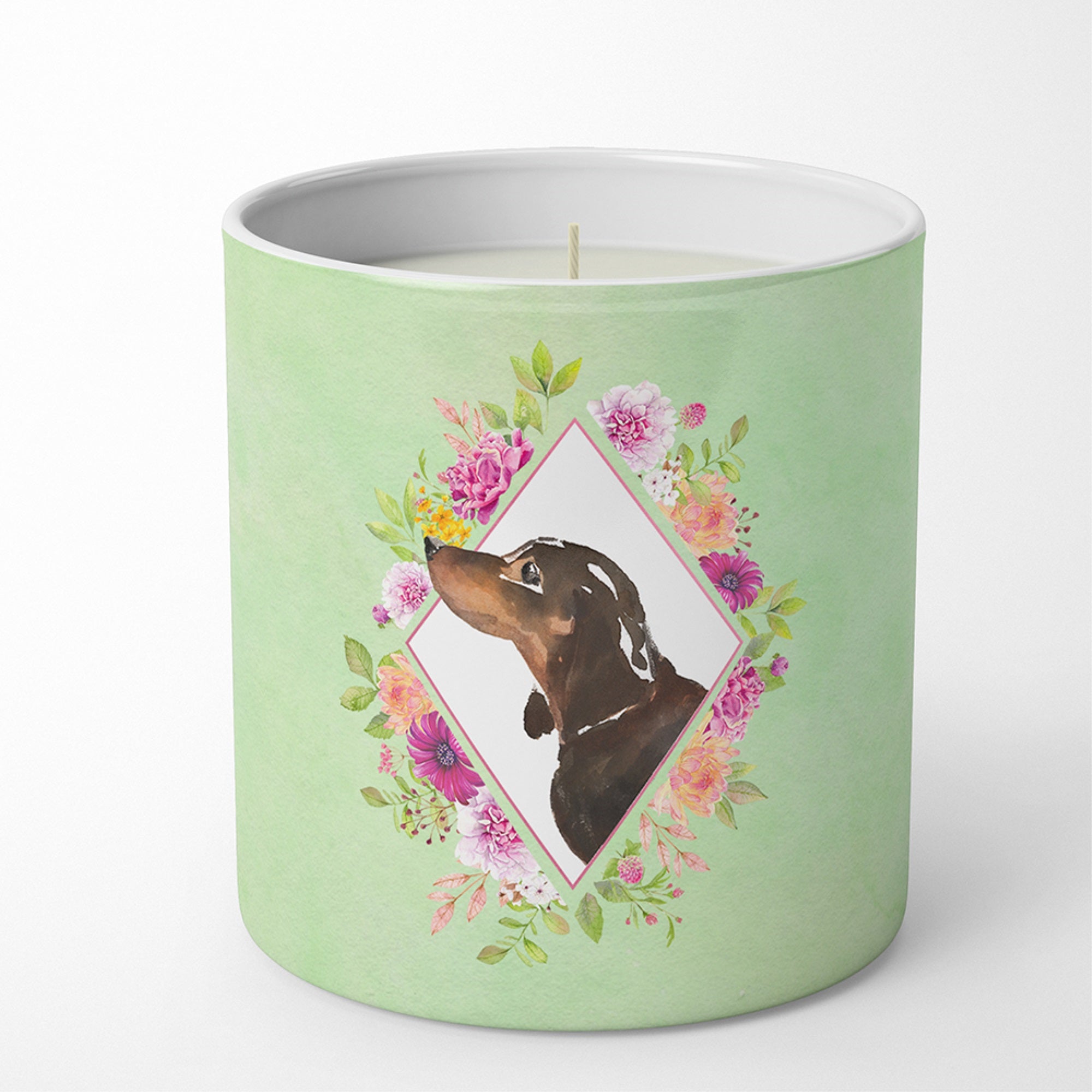 Black And Tan Dachshund Green Flowers 10 Oz Decorative Soy Candle