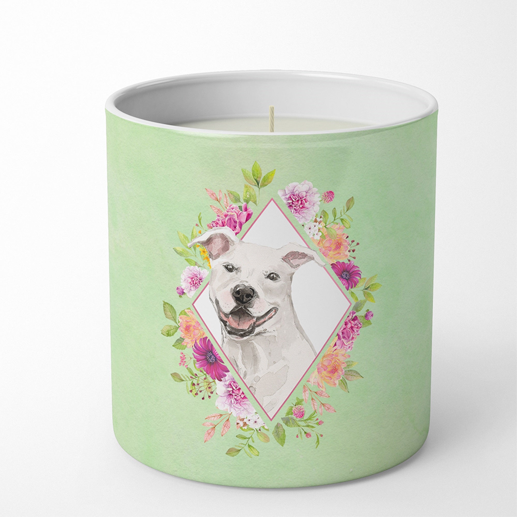 White Pit Bull Terrier Green Flowers 10 Oz Decorative Soy Candle