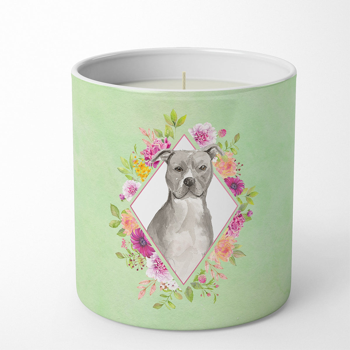 Blue Pit Bull Terrier Green Flowers 10 Oz Decorative Soy Candle