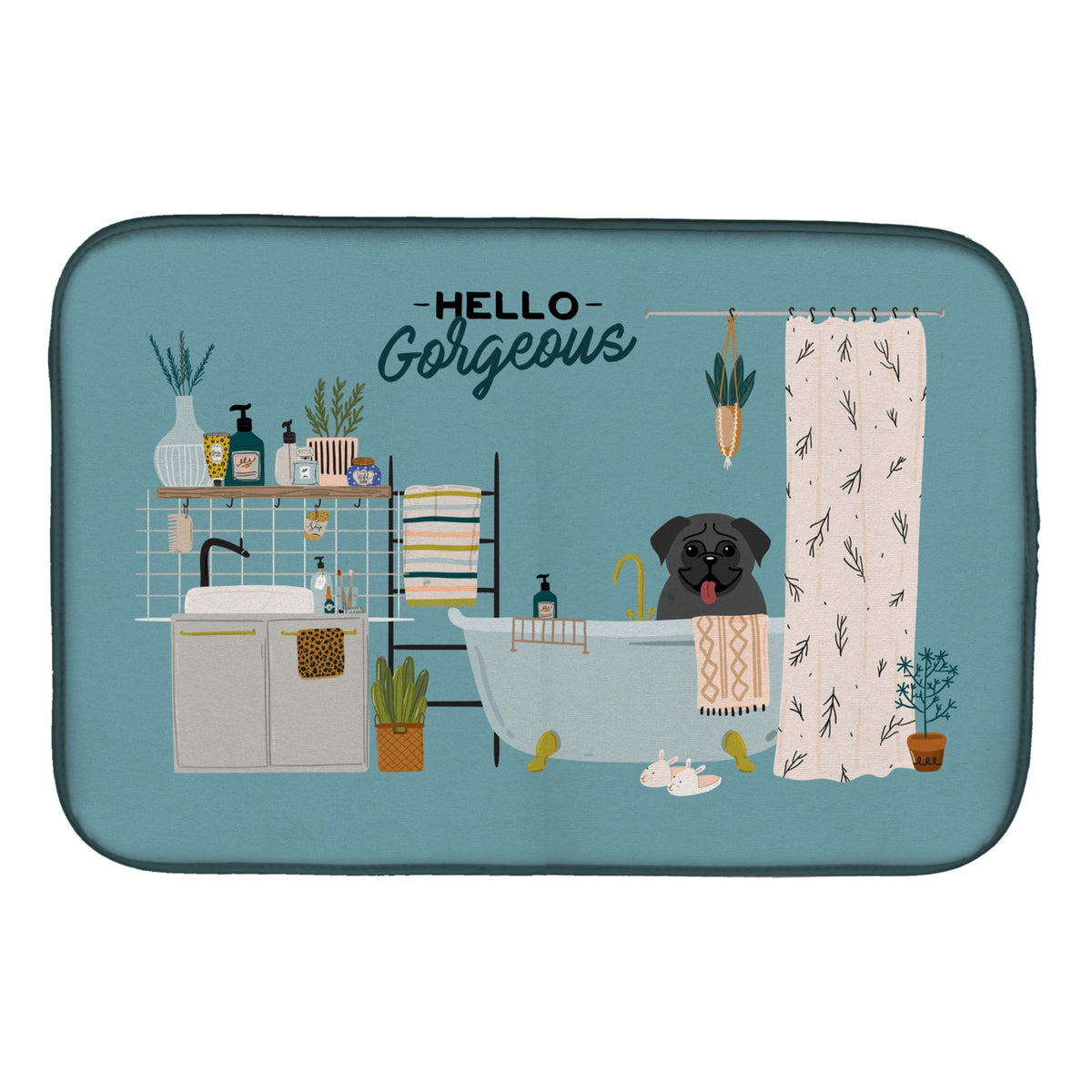 Black Pug In Bathtub Dish Drying Mat