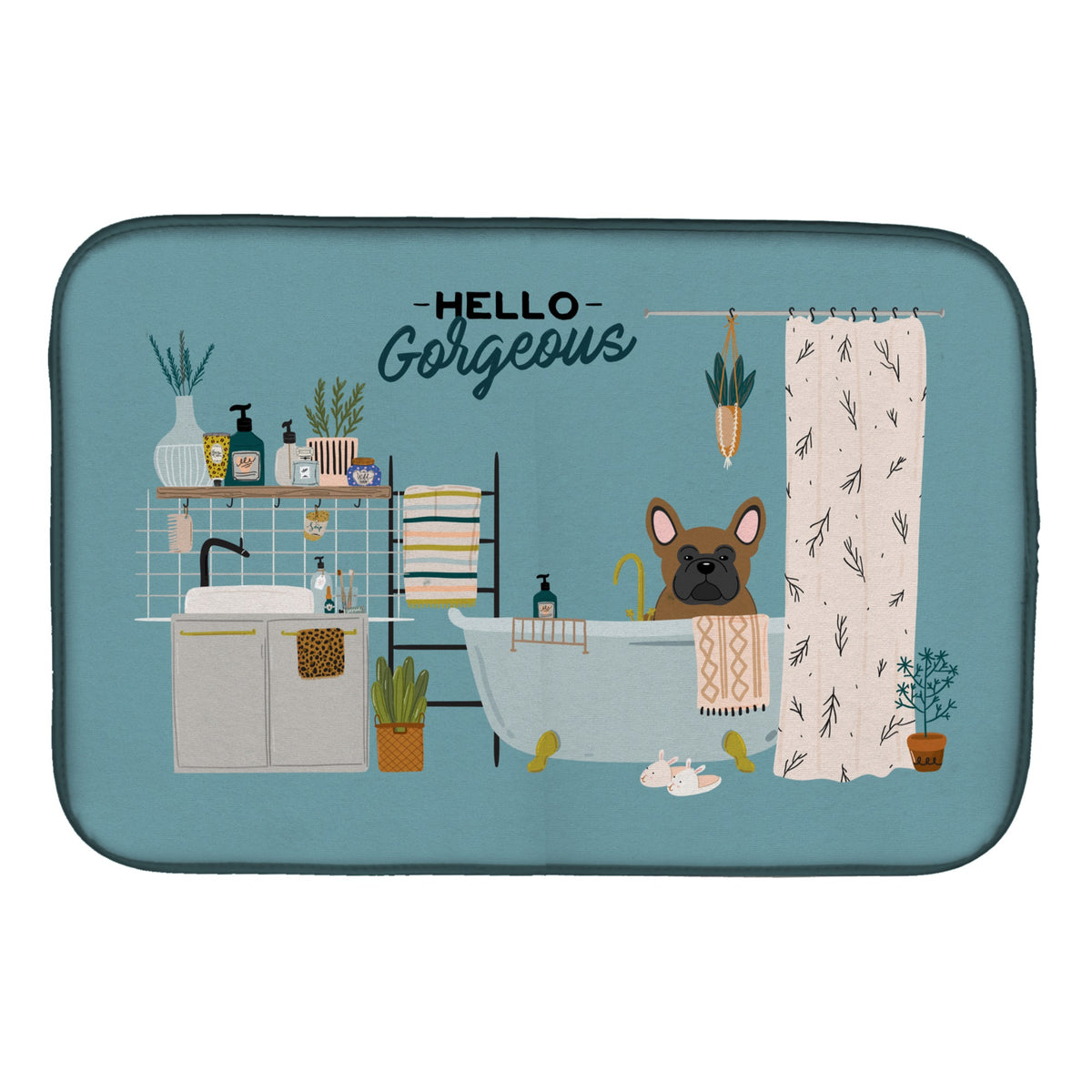 Brown French Bulldog In Bathtub Dish Drying Mat