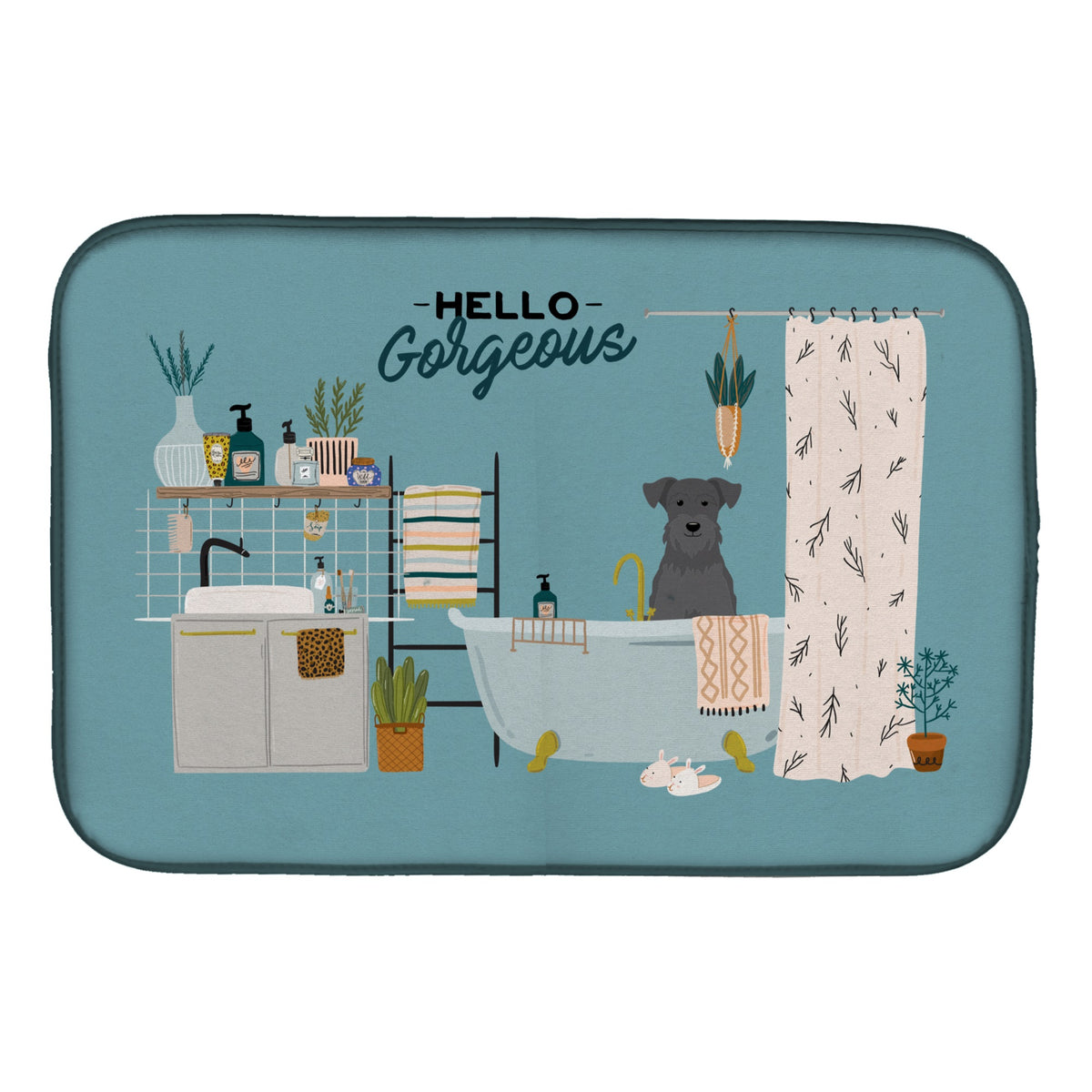 Black Miniature Schnauzer In Bathtub Dish Drying Mat