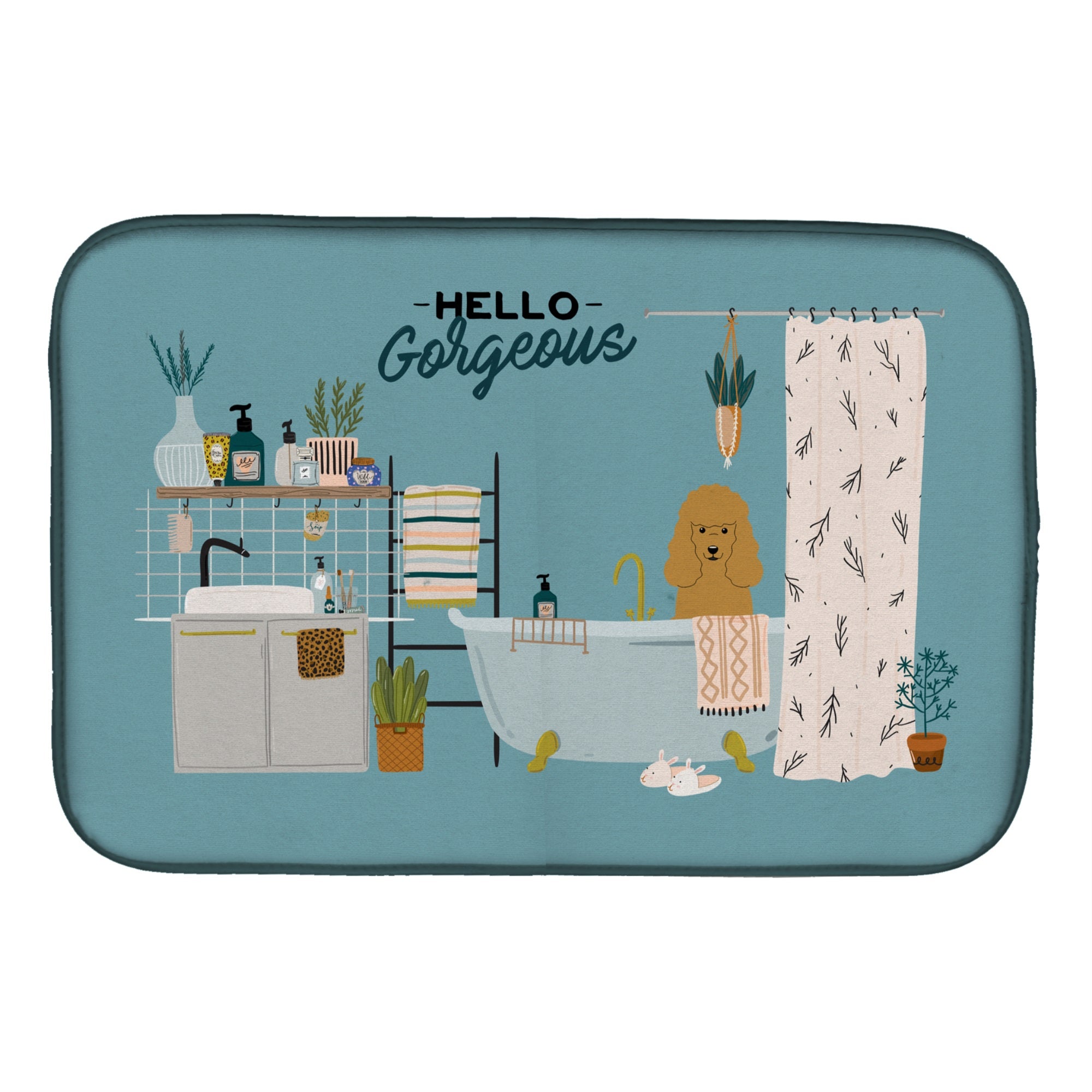 Tan Poodle In Bathtub Dish Drying Mat