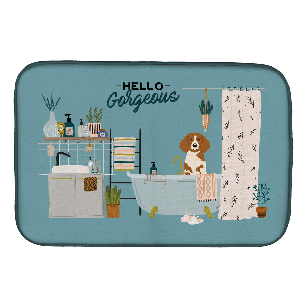 Brittany Spaniel In Bathtub Dish Drying Mat