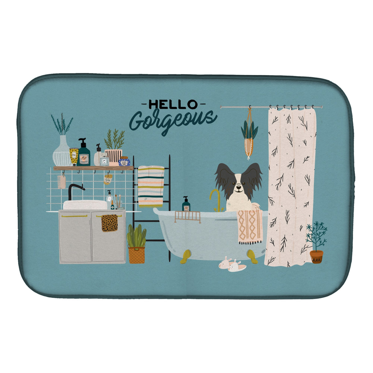 Black White Papillon In Bathtub Dish Drying Mat