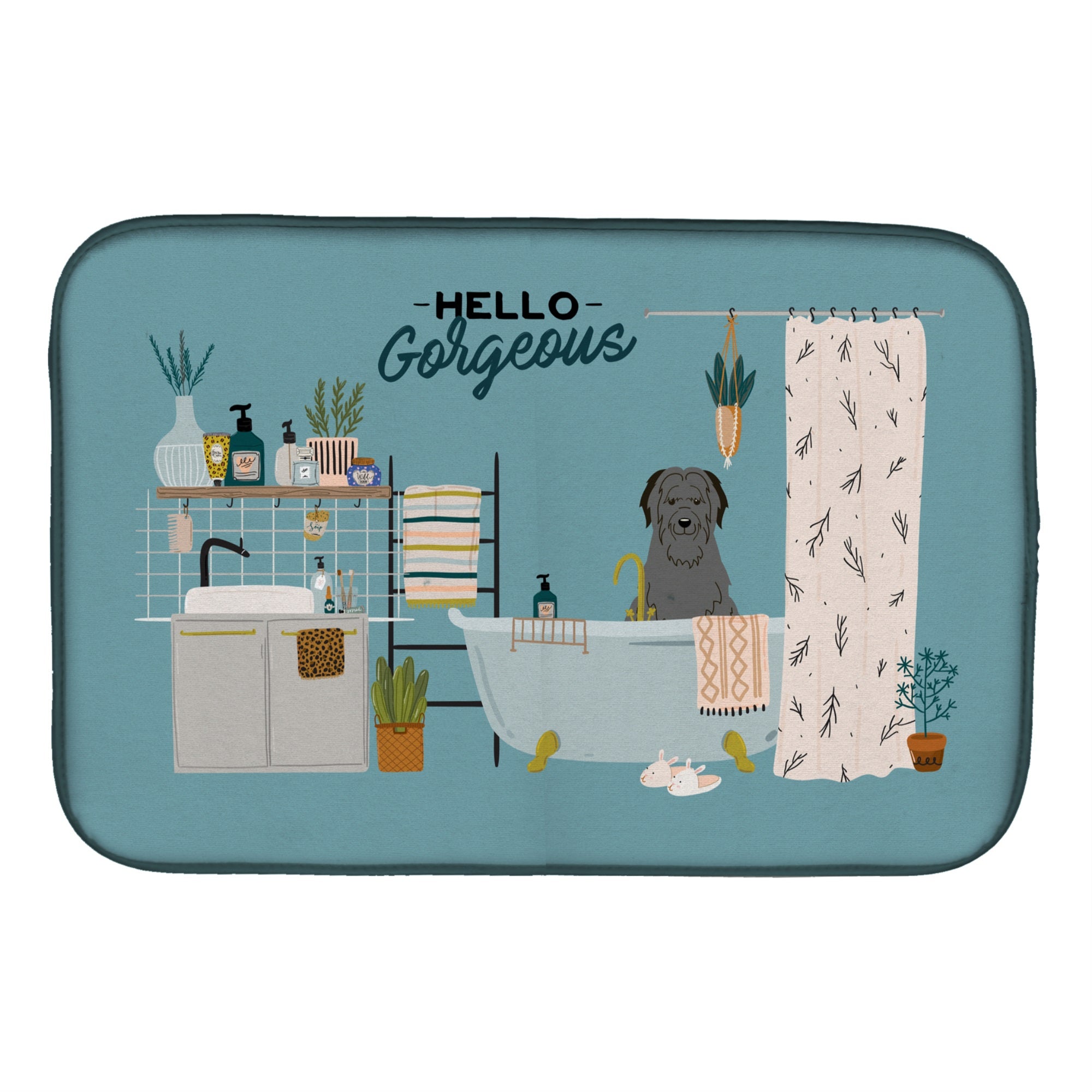 Black Briard In Bathtub Dish Drying Mat