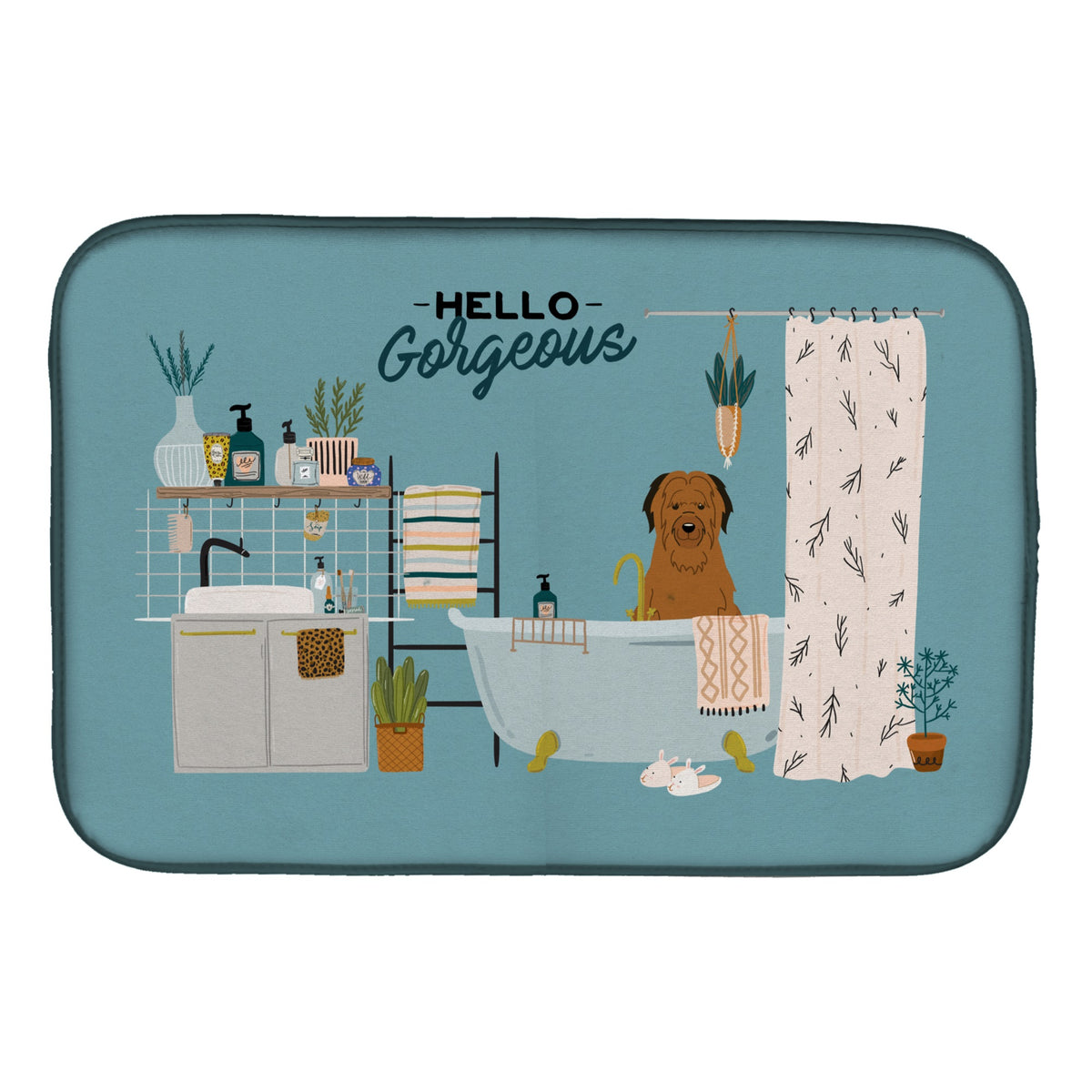 Brown Briard In Bathtub Dish Drying Mat