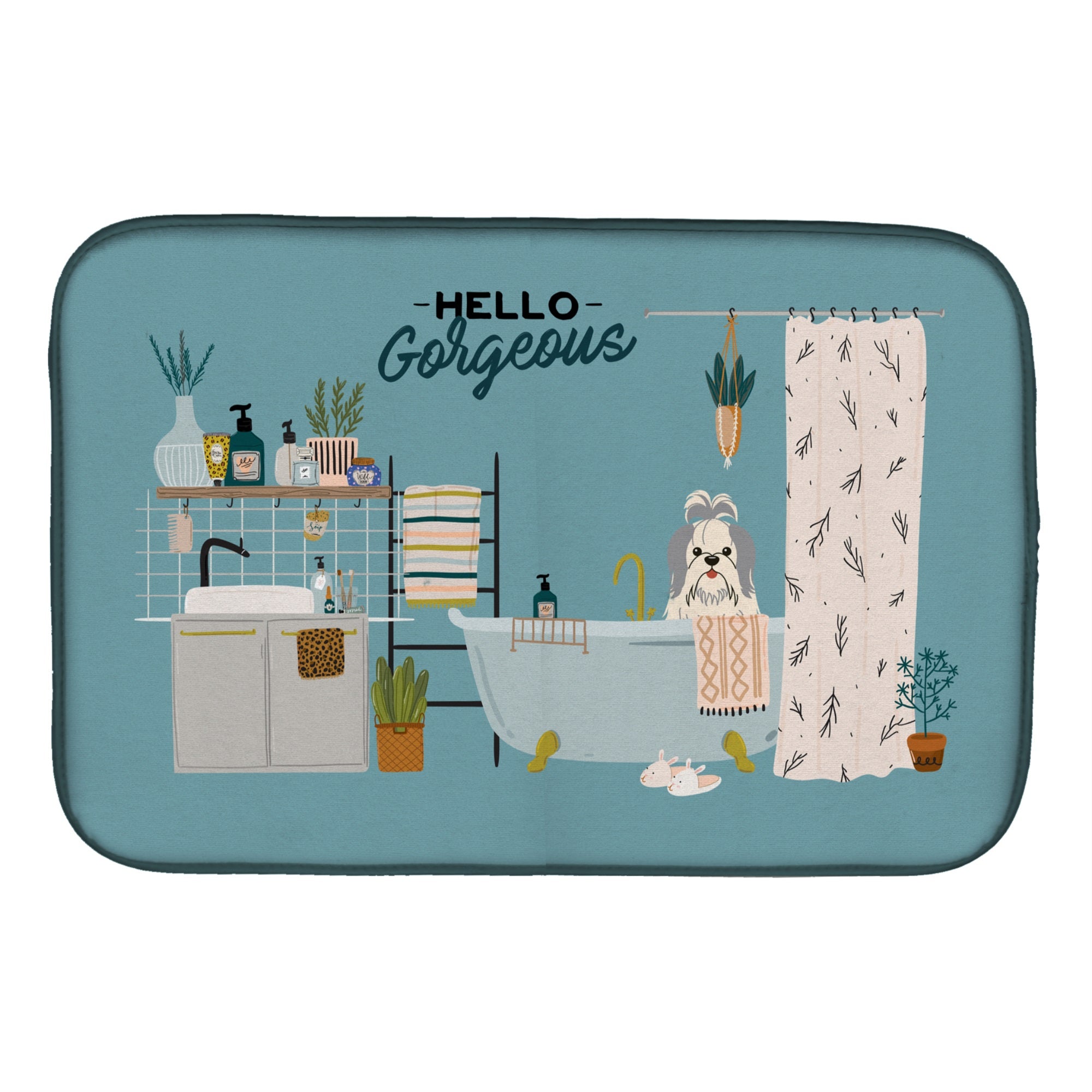 Silver White Shih Tzu In Bathtub Dish Drying Mat